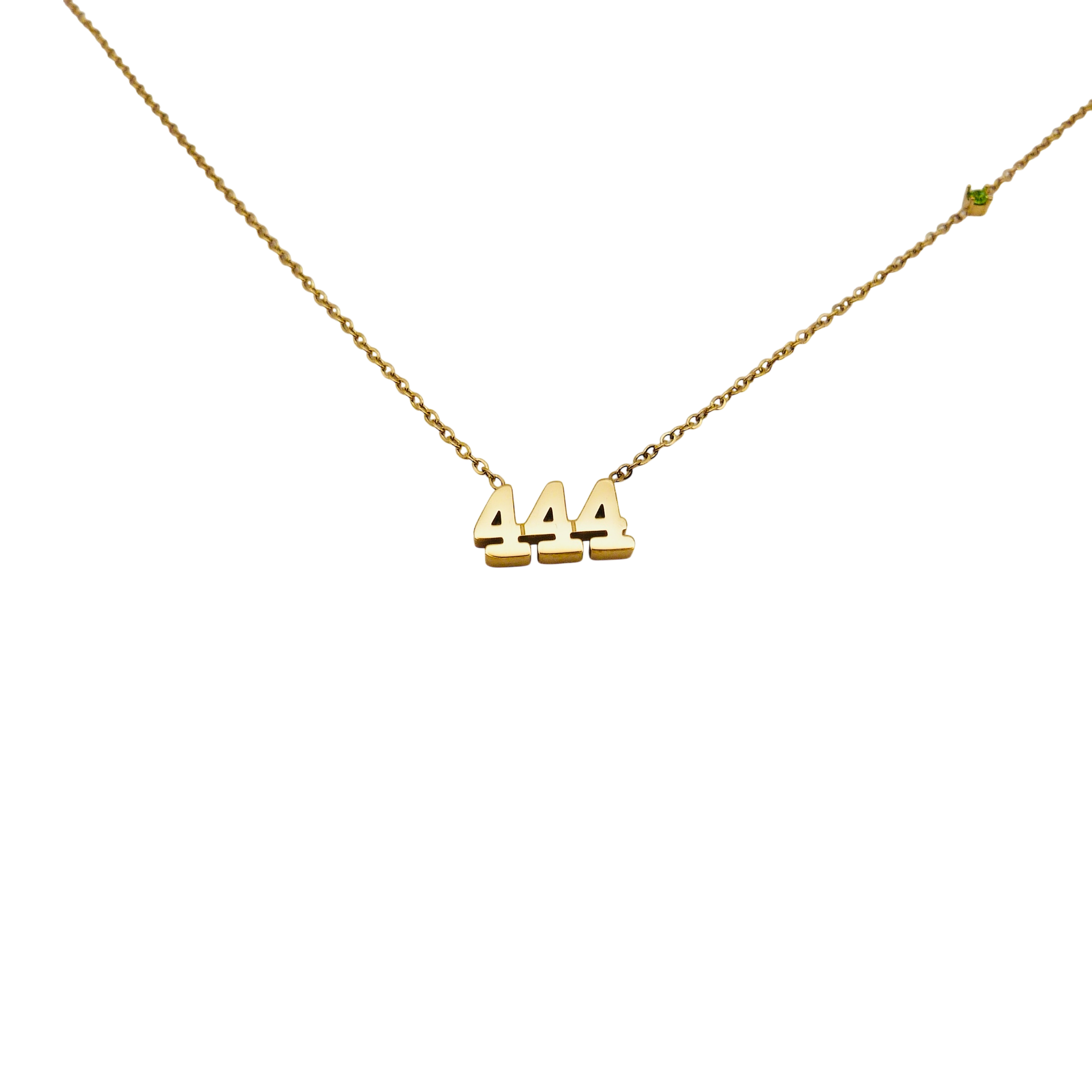 Gold necklace with '444' pendant with a green glass stone, made of stainless steel.