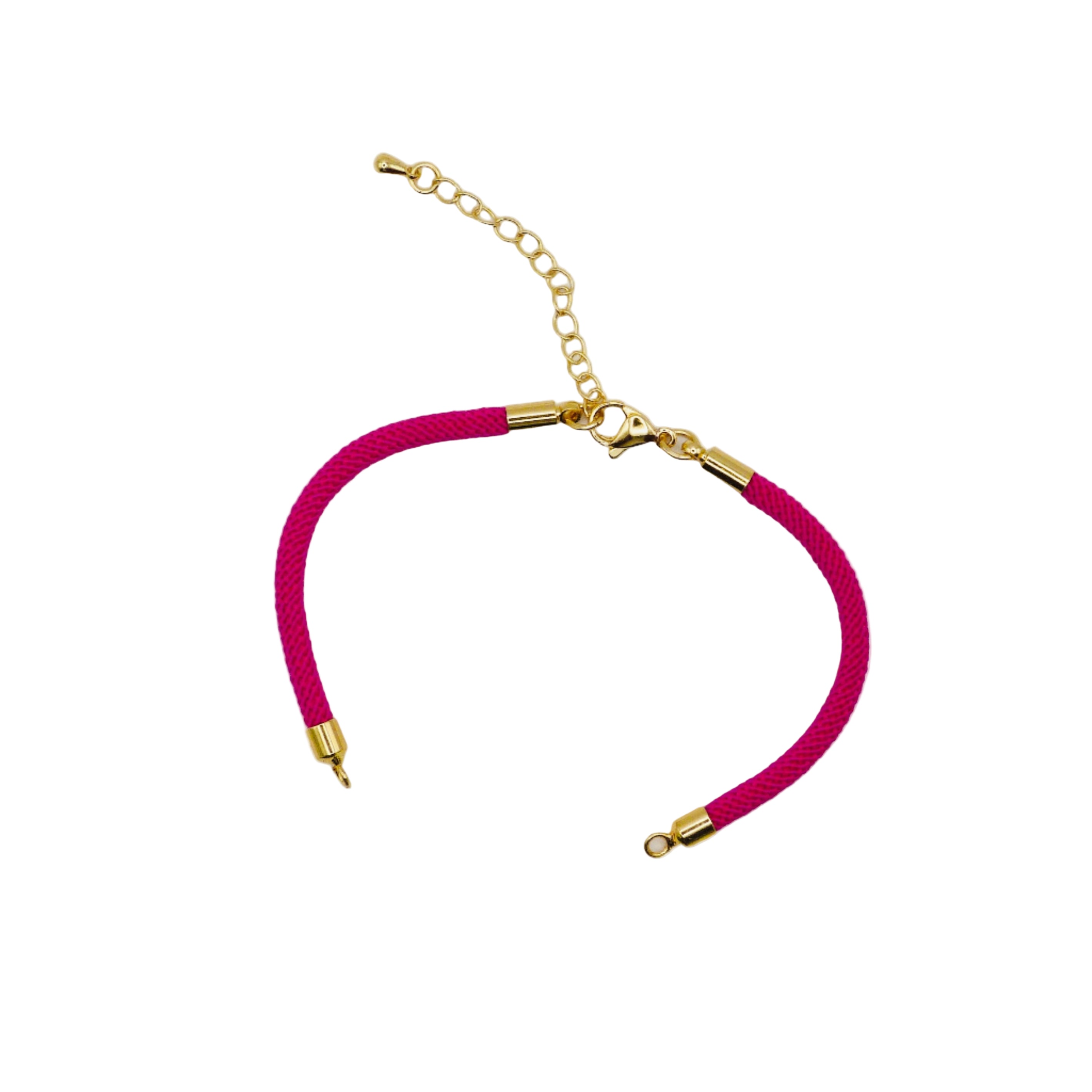 Waterpoof hot pink nylon bracelet with gold adjustable chain in stainless steel.