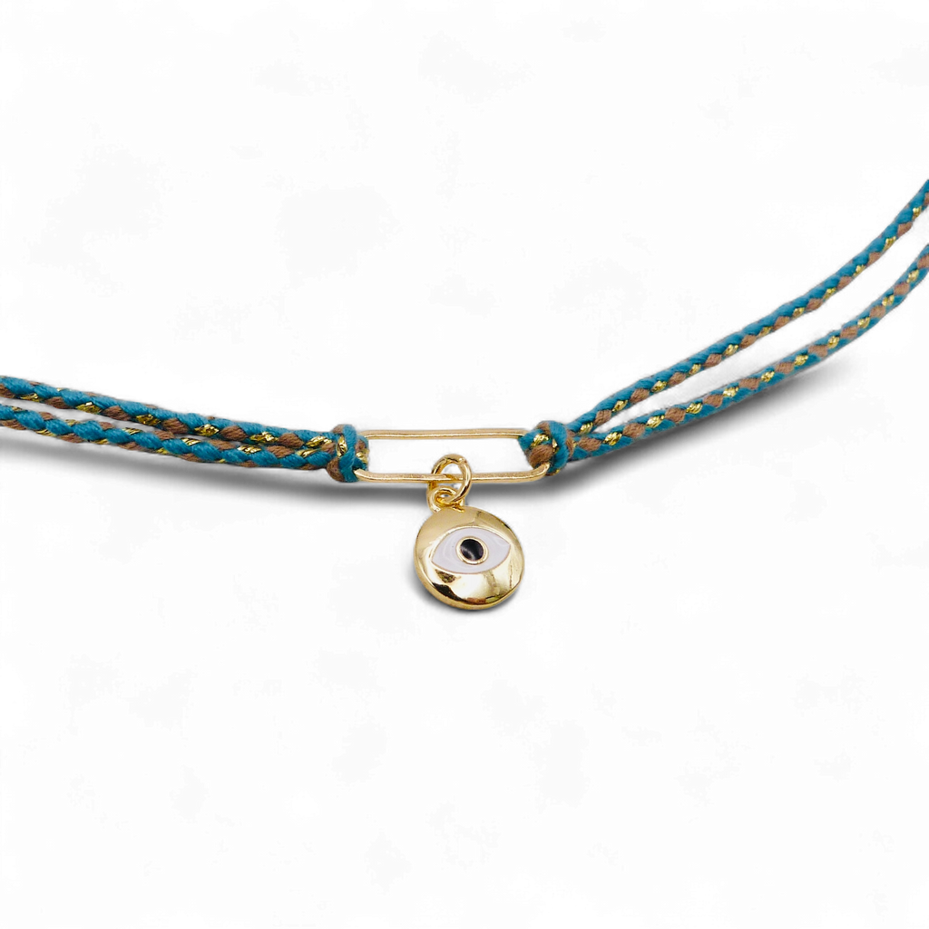 Turquise customisable braided choker necklace with gold charm pendant.