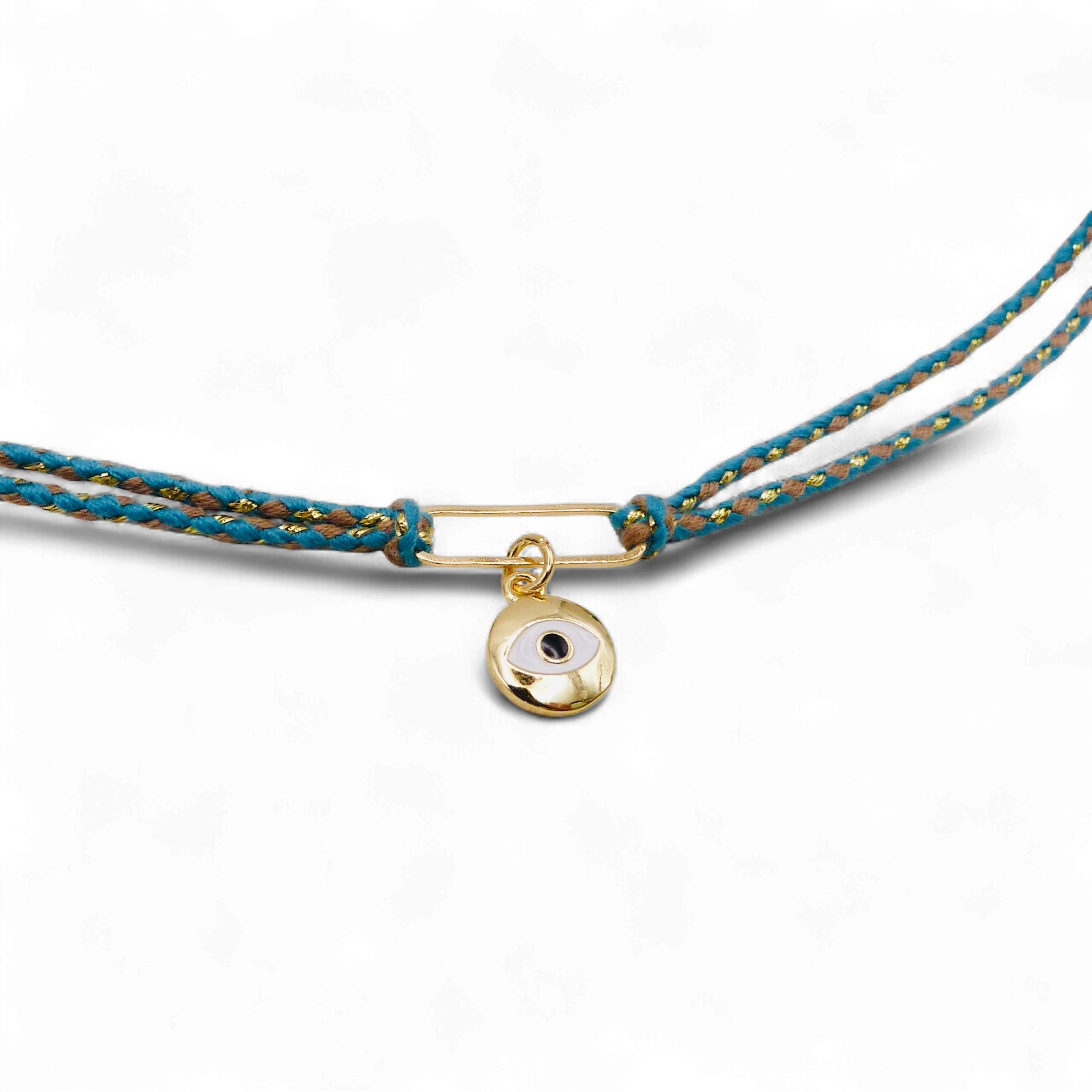 Turquise customisable braided choker necklace with gold charm pendant.