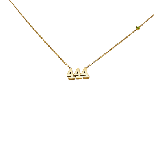 Gold necklace with '444' pendant with a green glass stone, made of stainless steel.