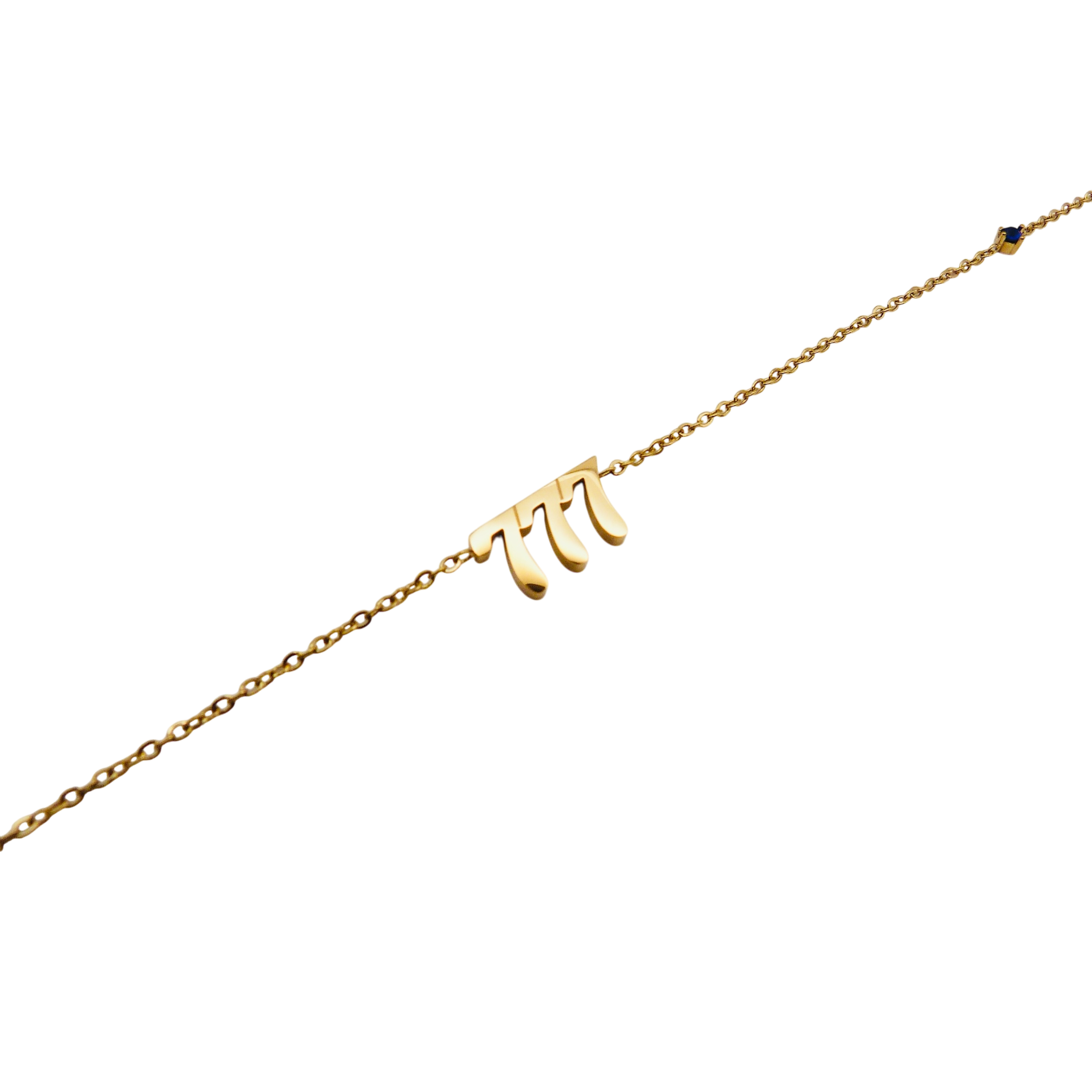 Gold chain necklace with the numbers 777 and a blue glass stone.