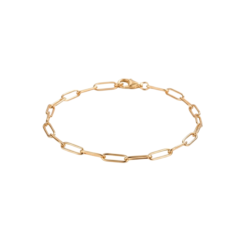 Waterproof gold paperclip bracelet customisable with charms and in stainless stee.