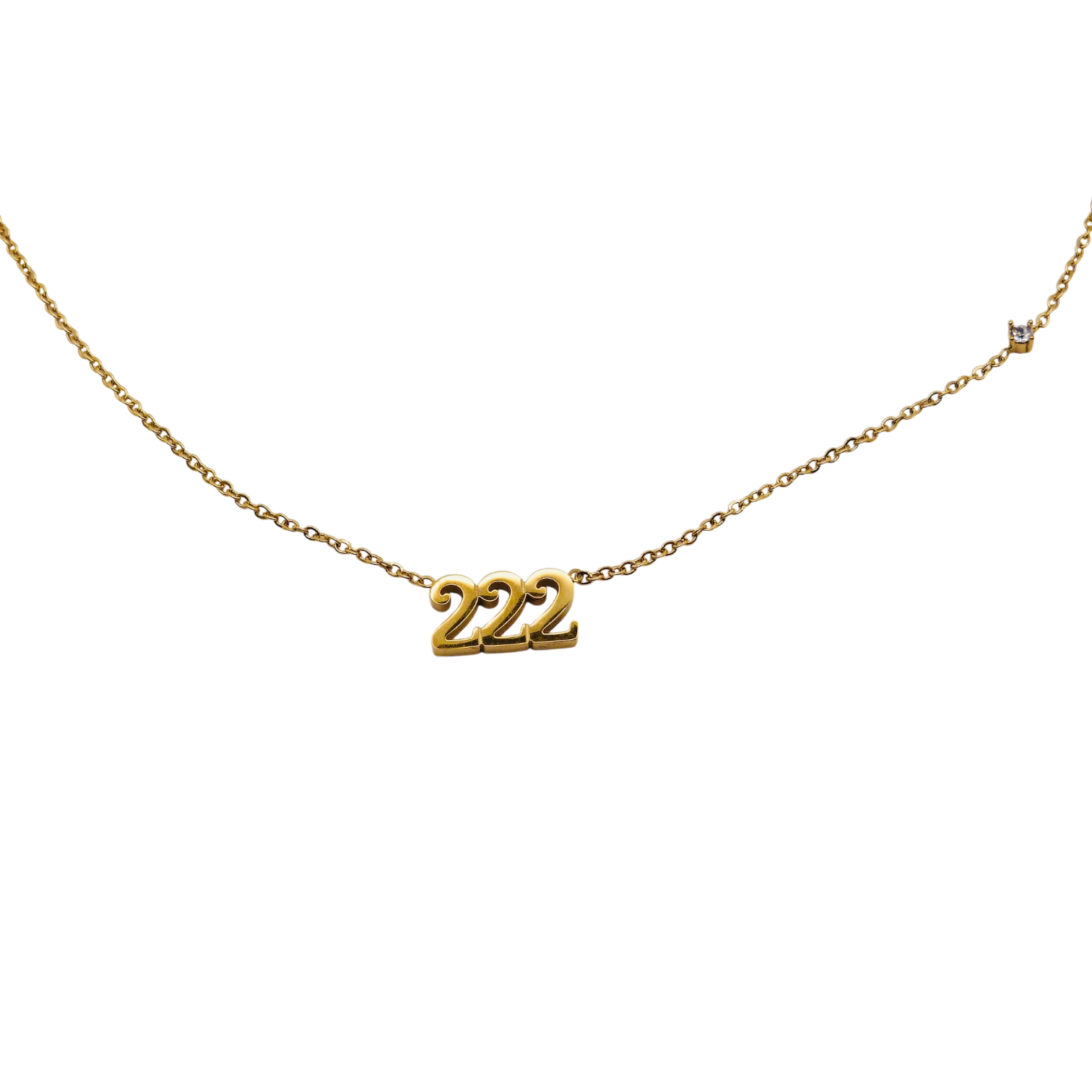 Waterproof gold chain necklace with '222' pendant in stainless steel.