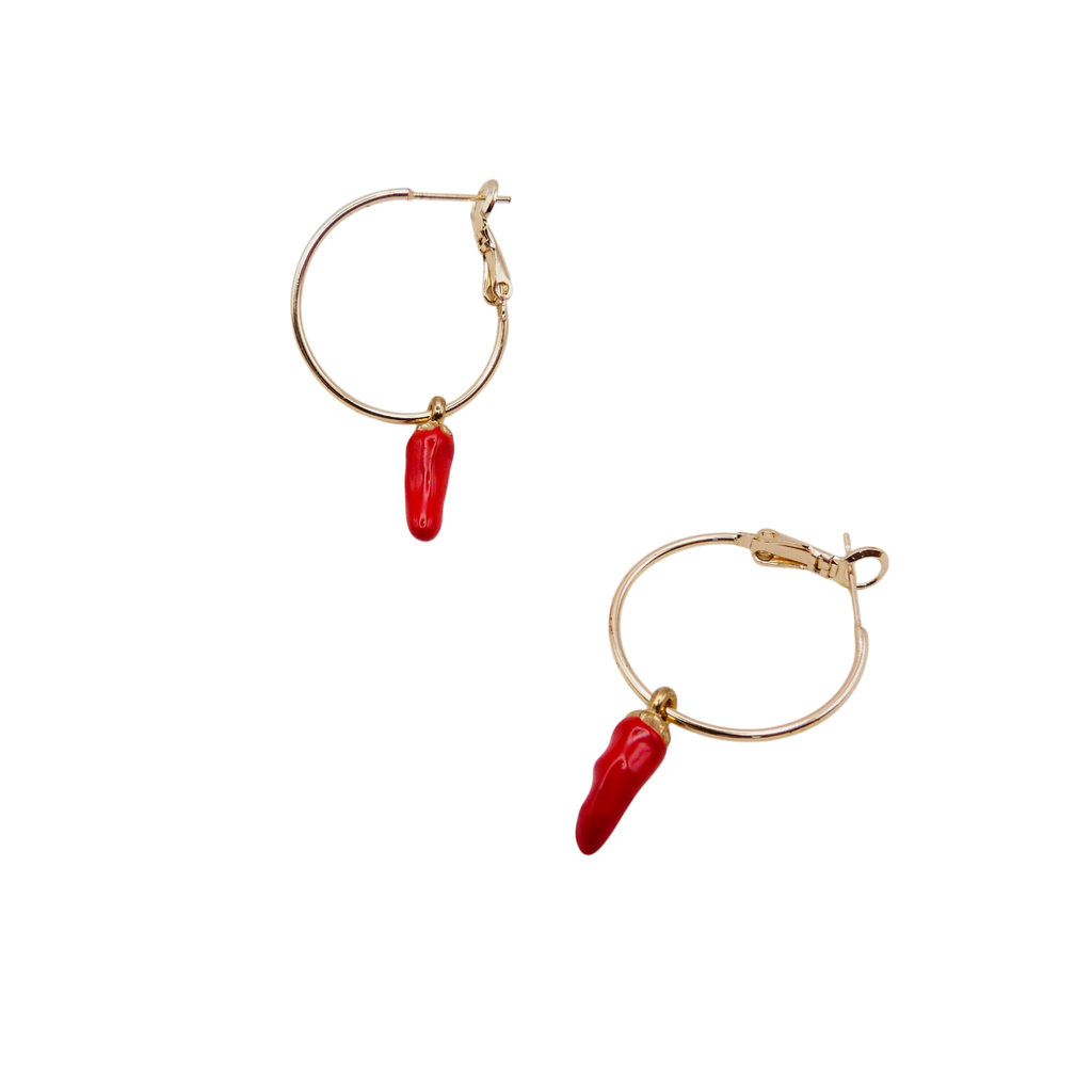 Waterproof gold hoop earrings with red chili pepper charms.