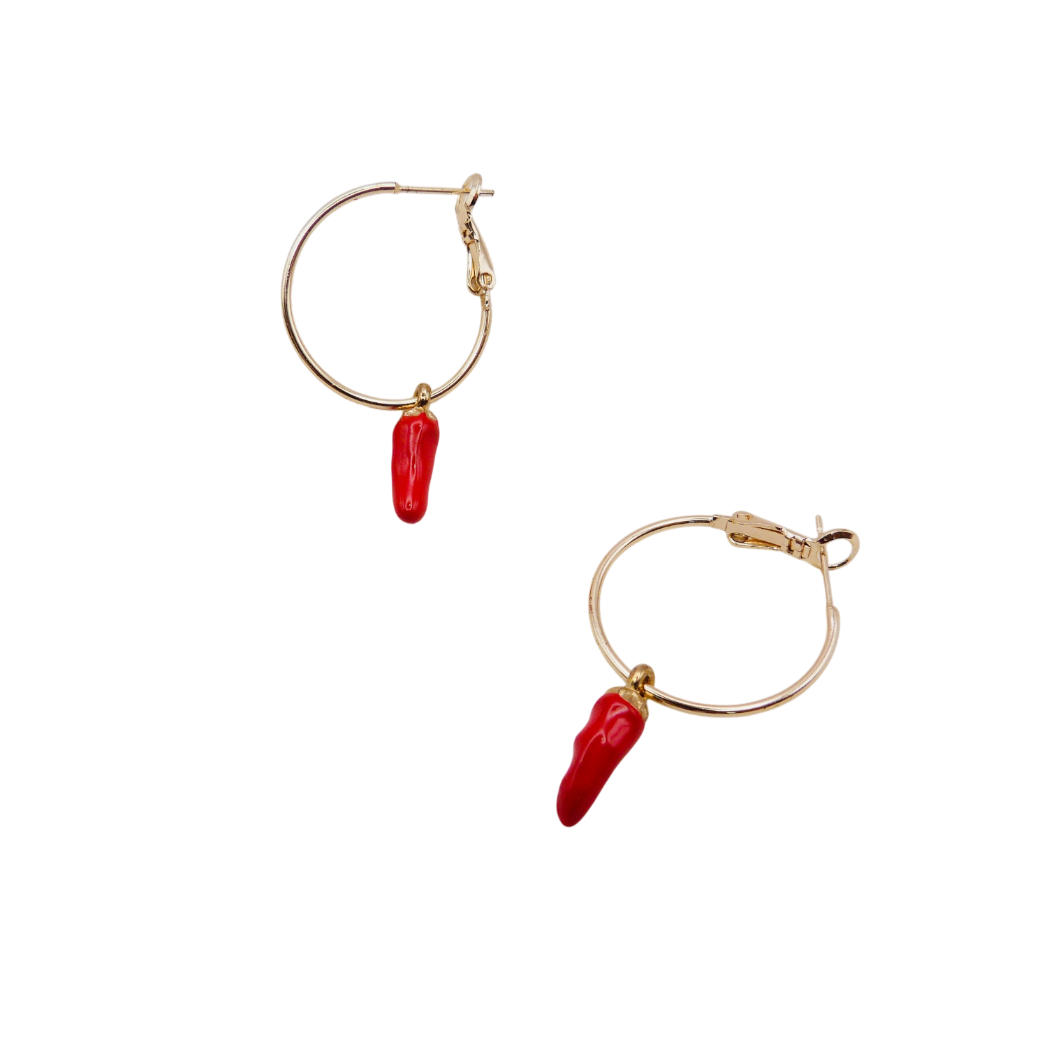 Waterproof gold hoop earrings with red chili pepper charms.