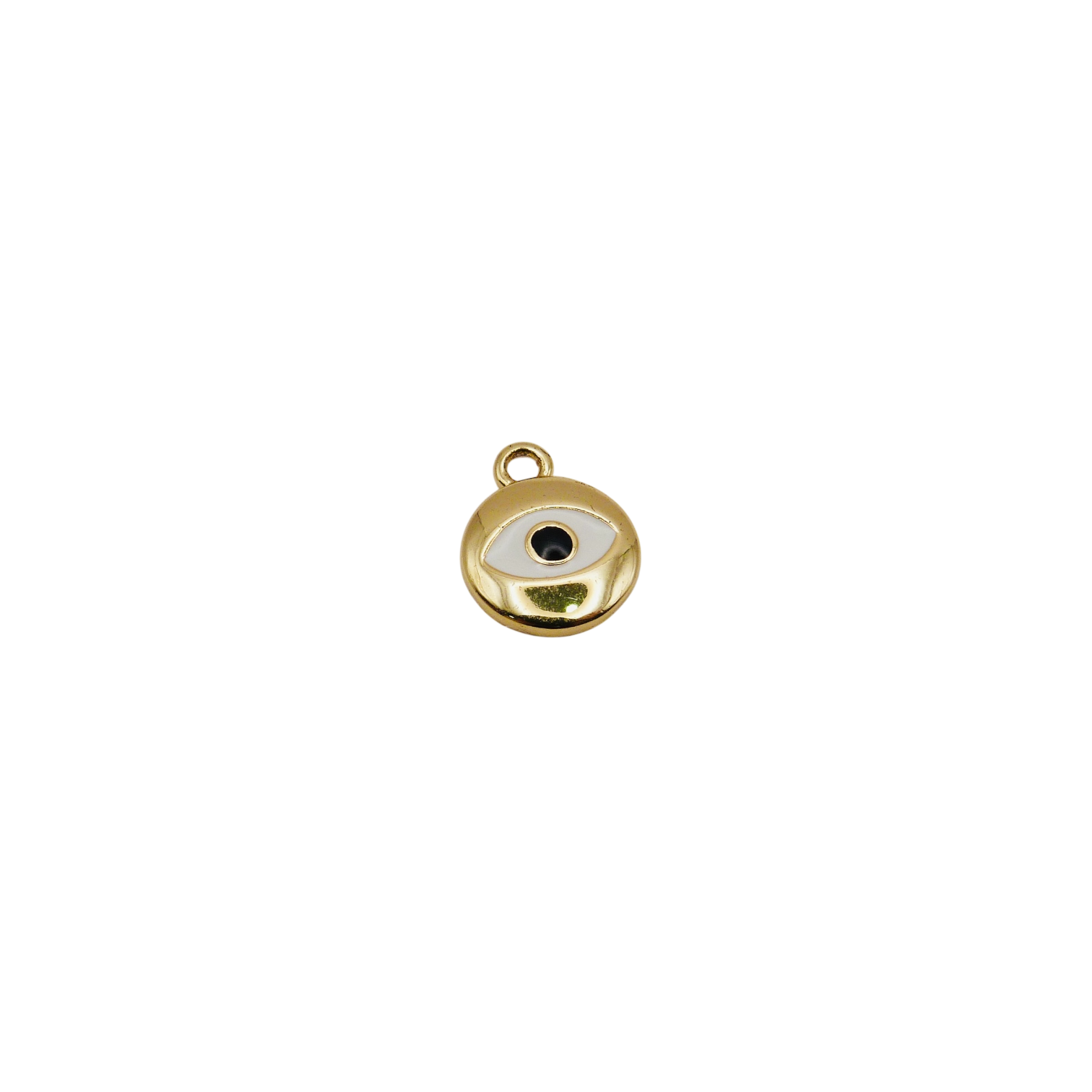 Gold evil eye charm with a black and white design made of gold plated.