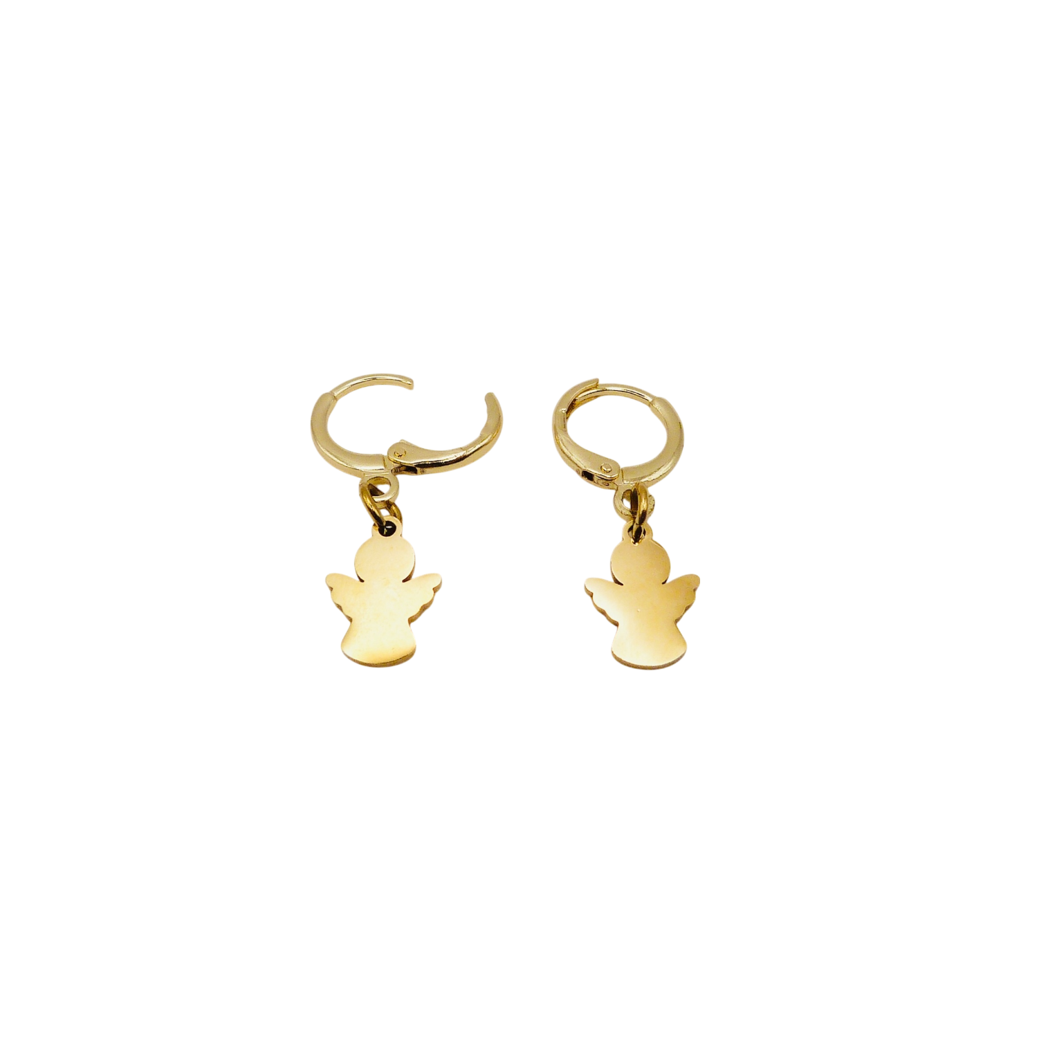Small gold hoop earrings with angle charm.