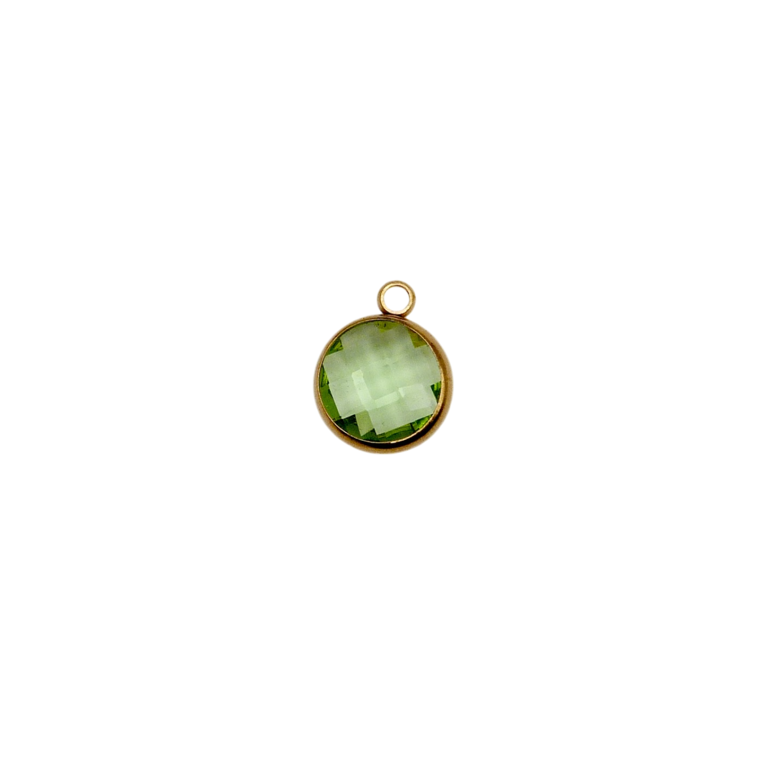 Green circular glass charm with waterproof gold frame.