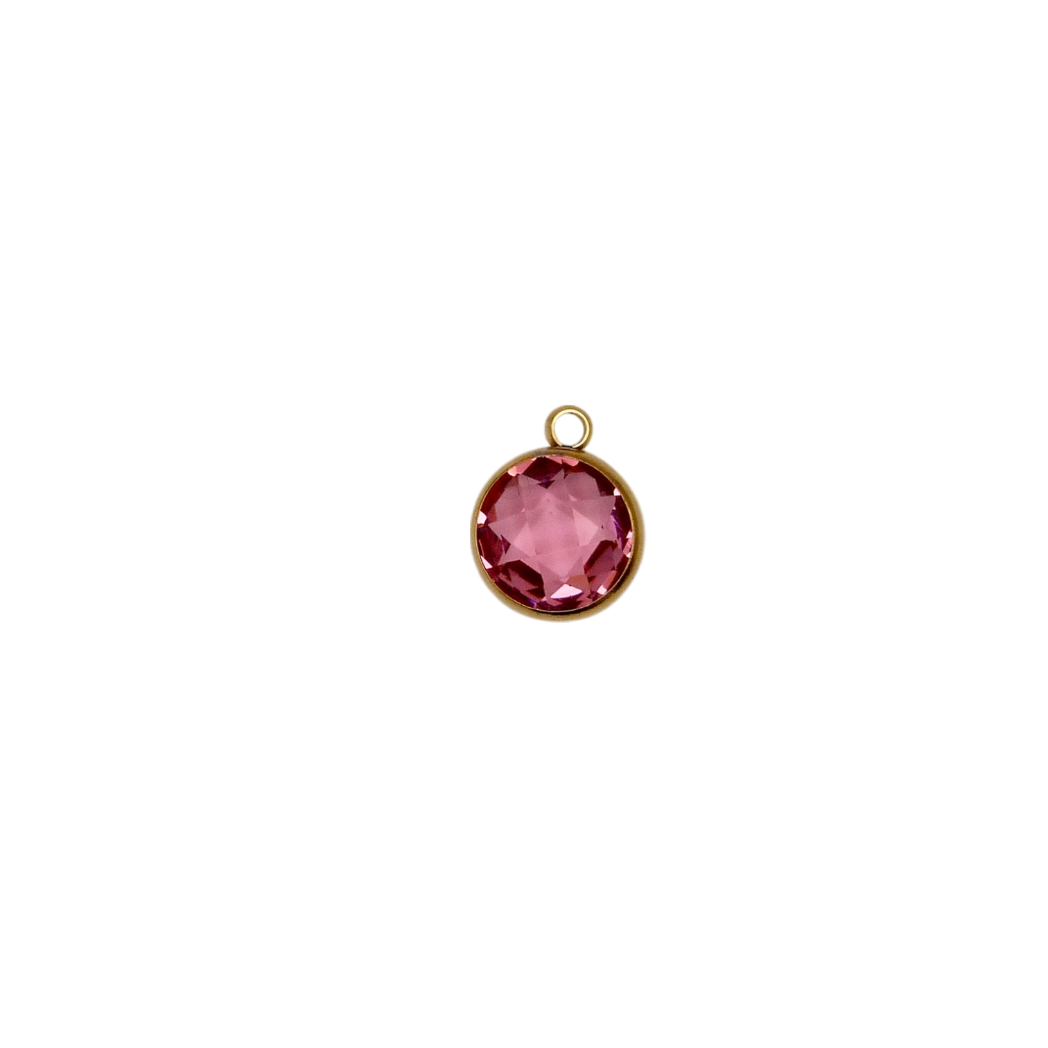 Pink circular glass charm with waterproof gold frame.