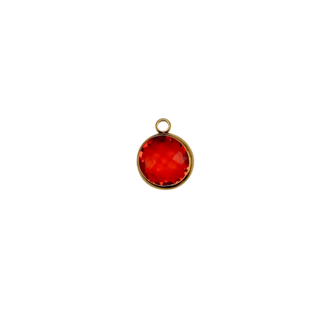 Red circular glass charm with waterproof gold frame.