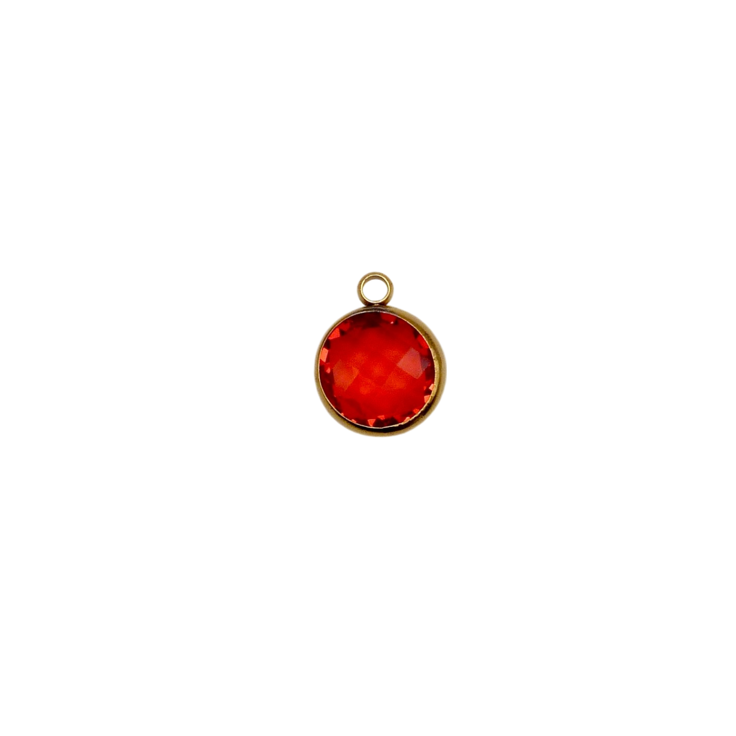 Red circular glass charm with waterproof gold frame.