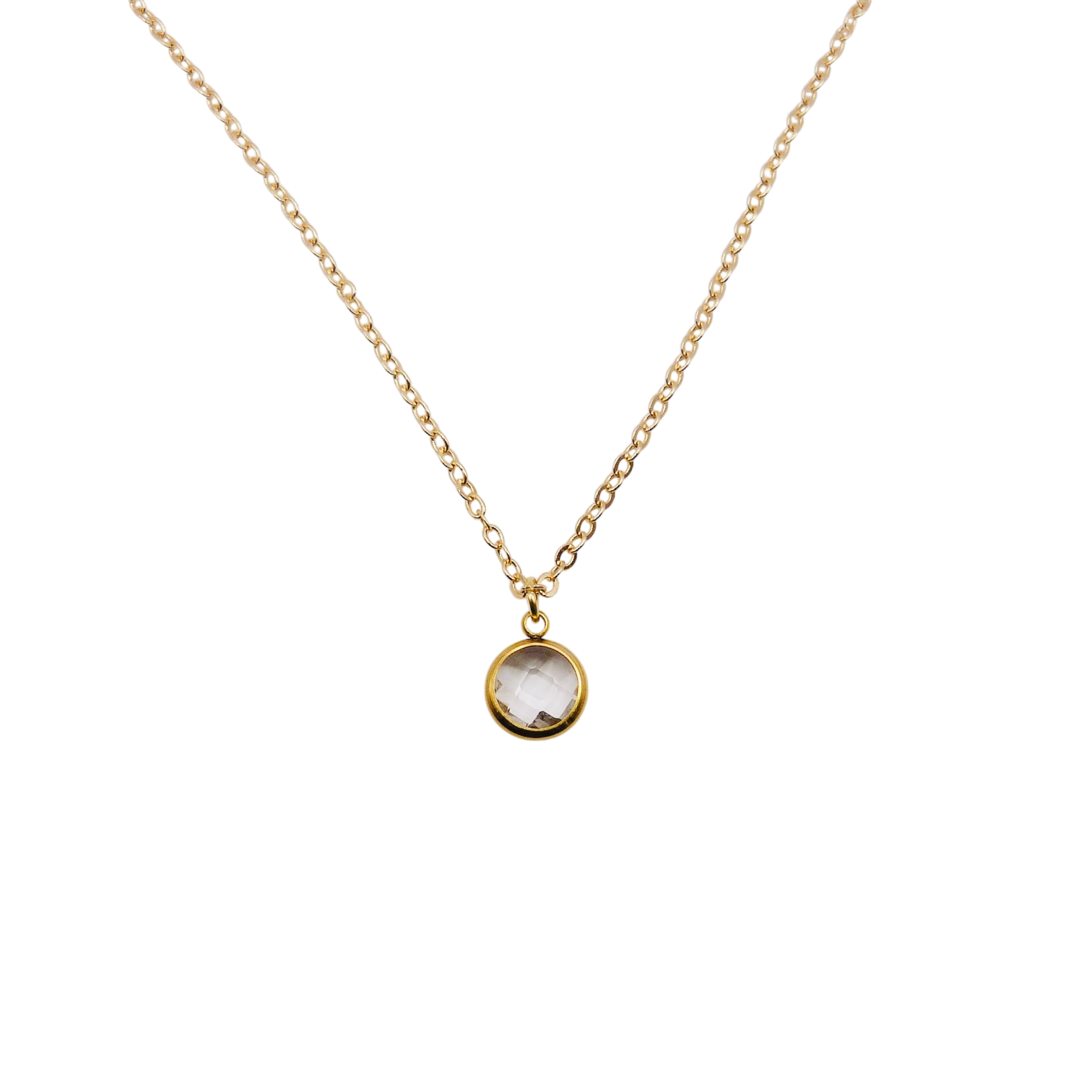 Waterproof gold chain necklace with a round pendant in stainless steel.
