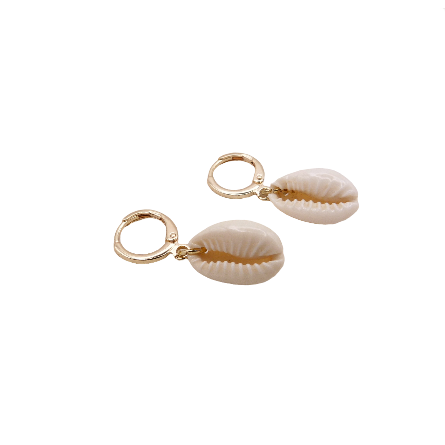 Cowrie shell hoop earrings with gold accents.