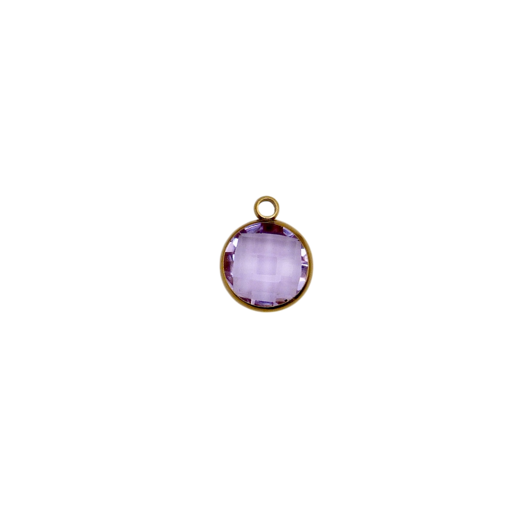 Purple glass charmwith gold frameon a white background.