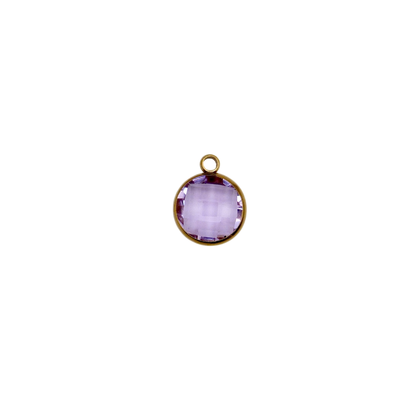 Purple circular glass charm with waterproof gold frame.