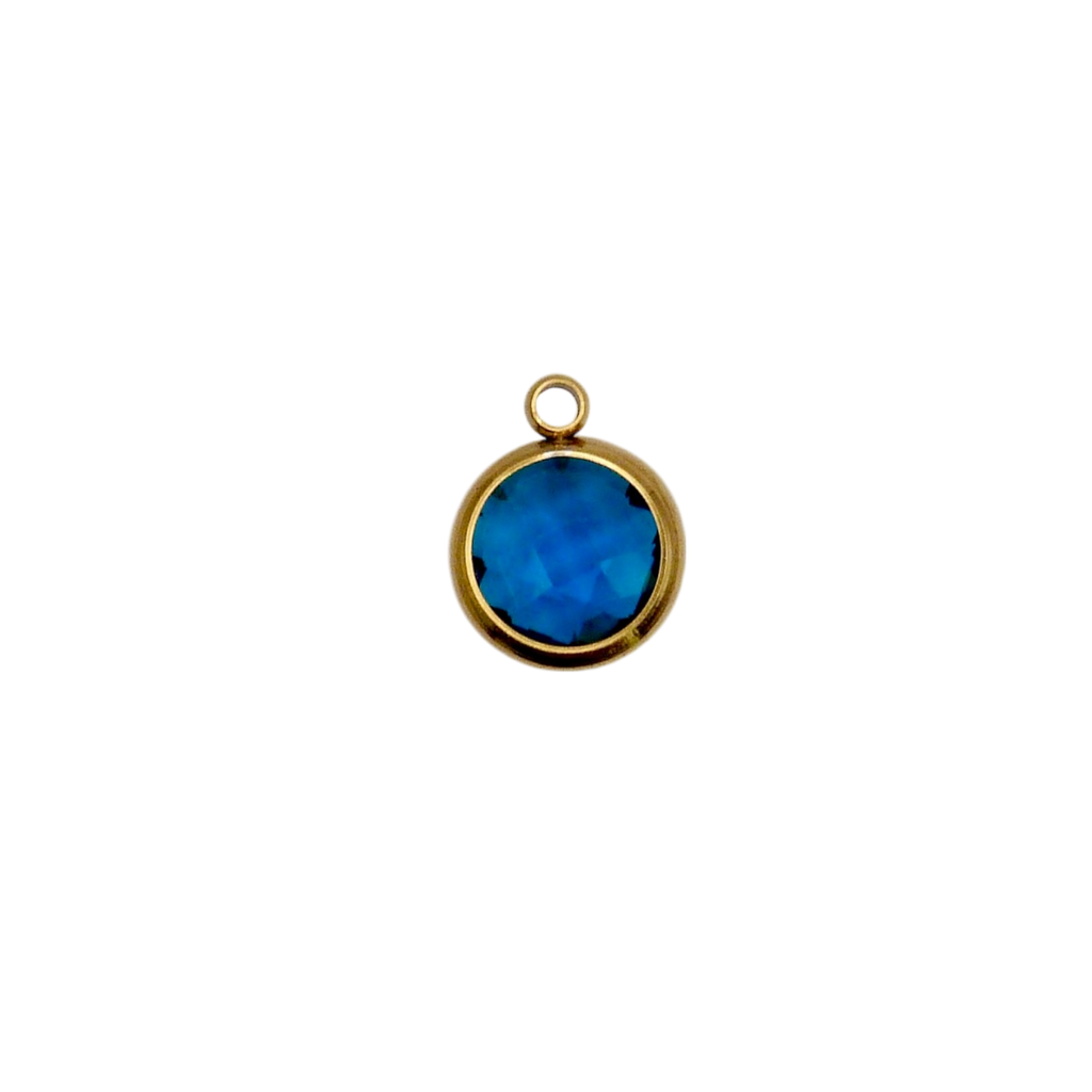 Blue circular glass charm with waterproof gold frame.