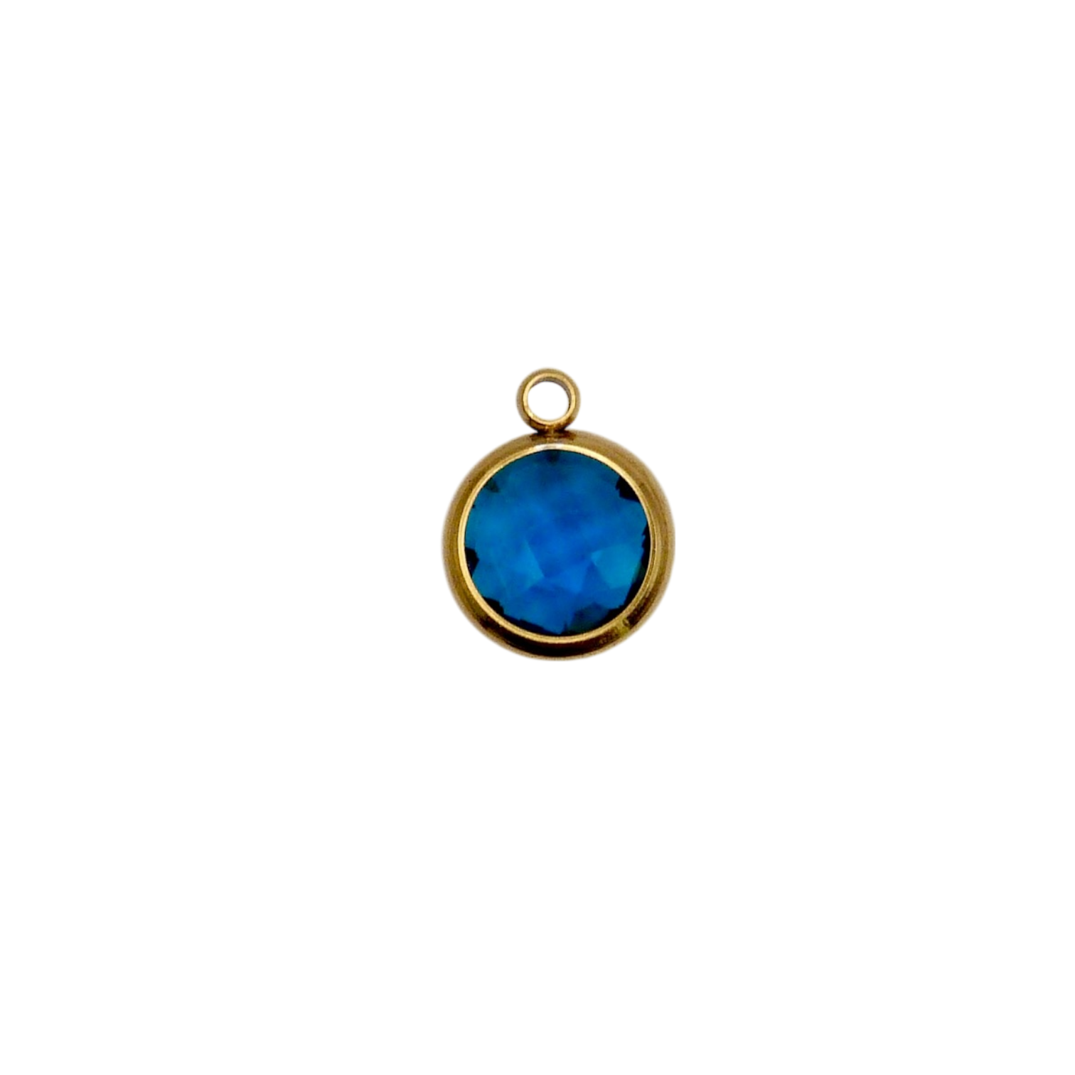 Blue circular glass charm with waterproof gold frame.