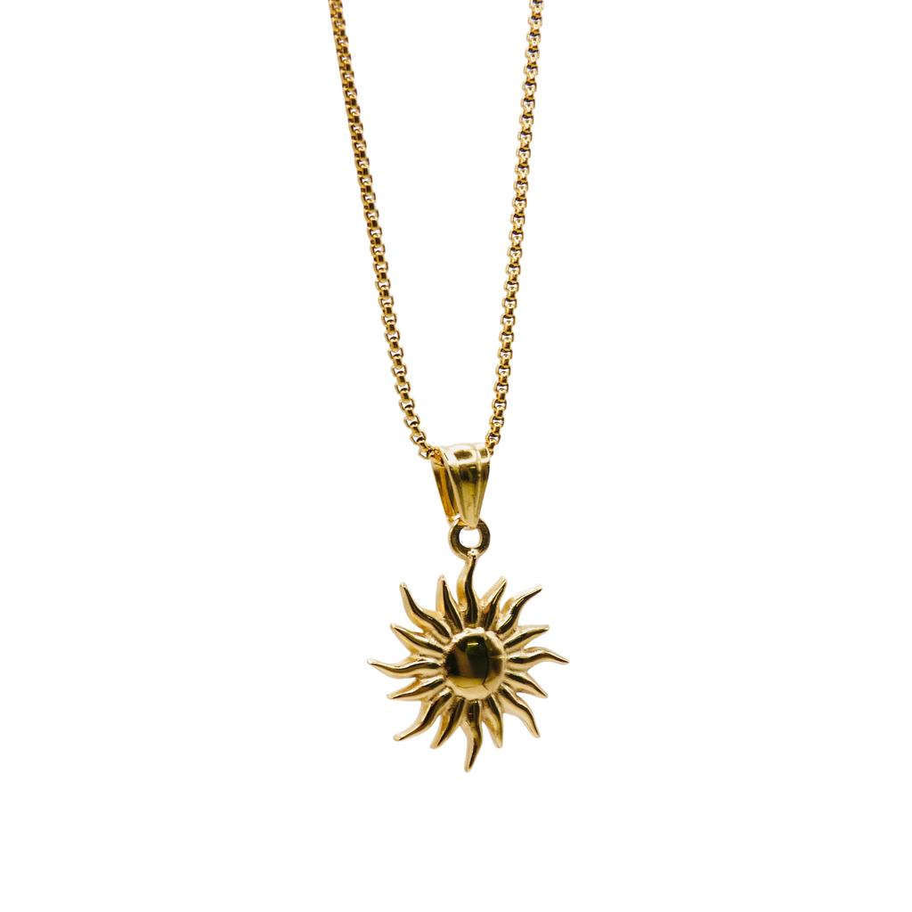 Waterproof gold sun-shaped charm on a chain necklace in stainless steel.