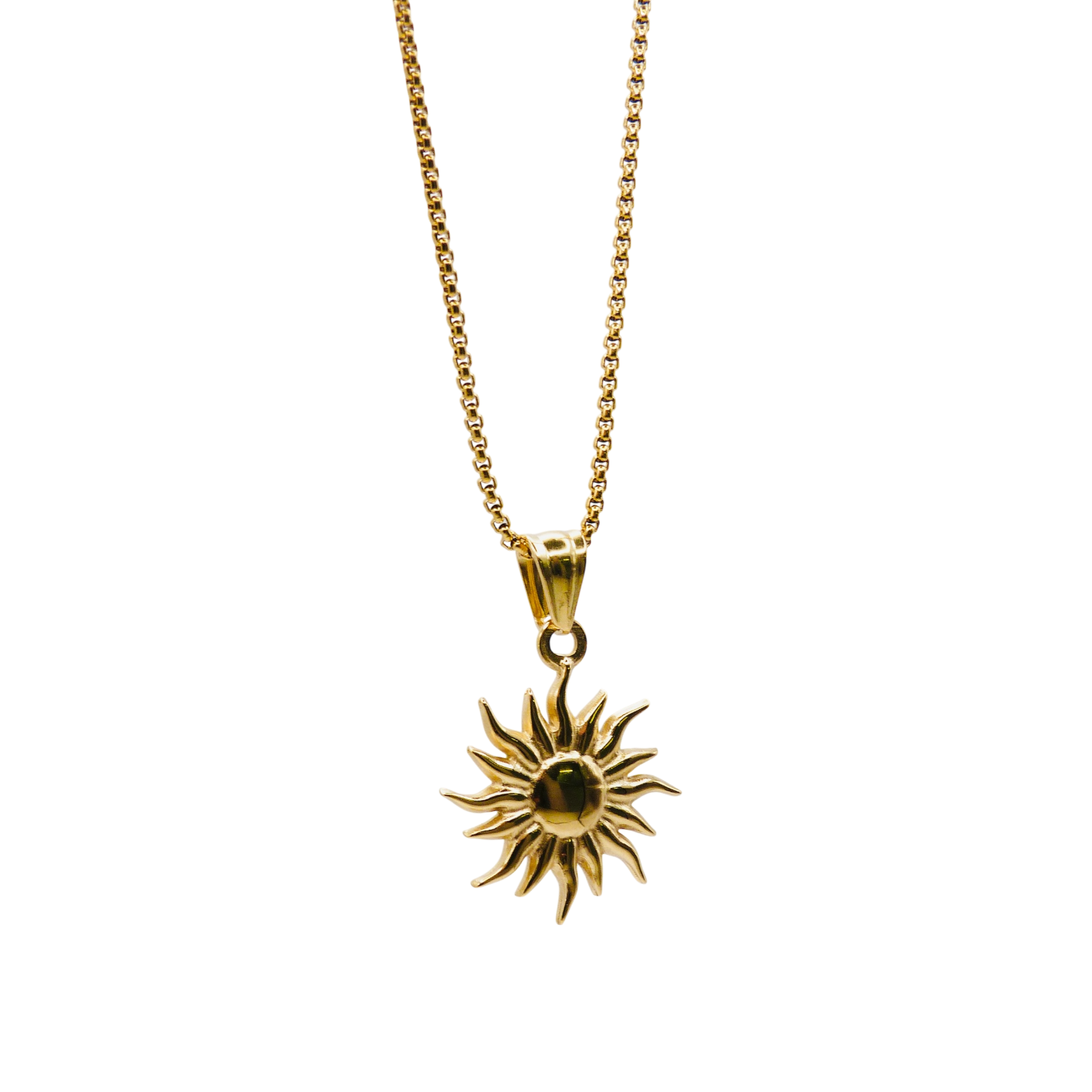 Waterproof gold sun-shaped charm on a chain necklace in stainless steel.