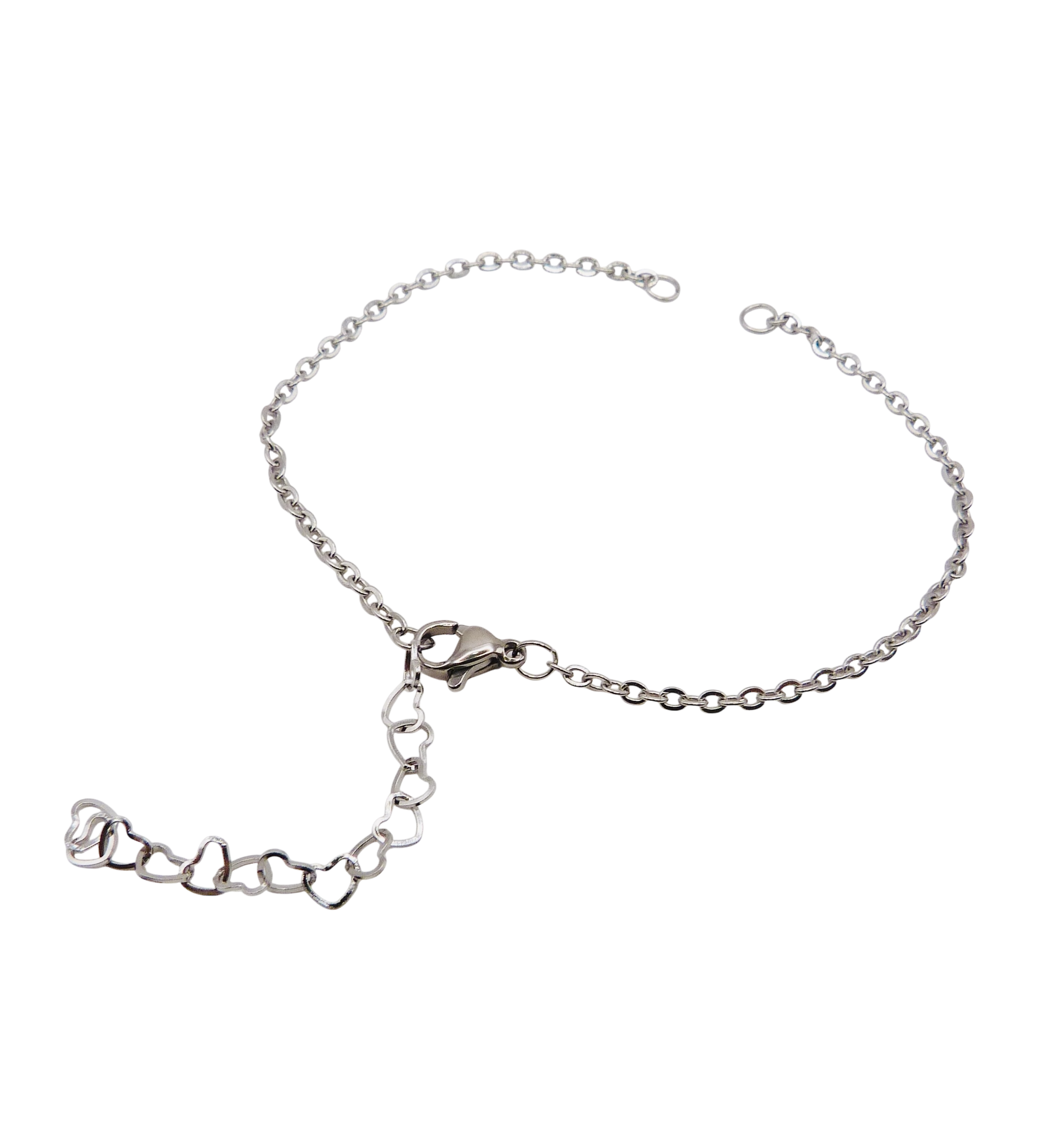 Waterproof adjustable silver chain bracelet made of stainless steel.