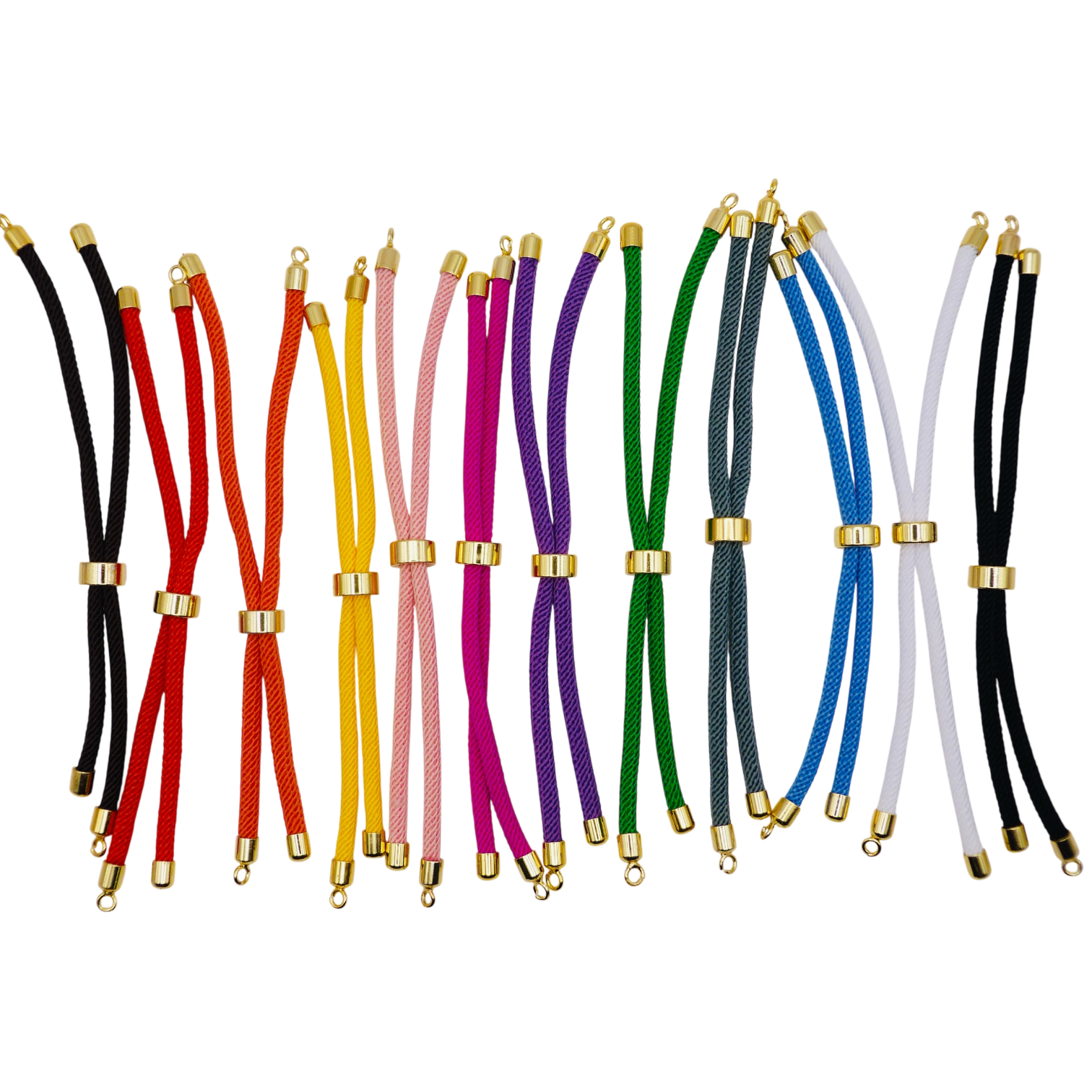 Set of colorful braided cords with gold ends on a white background