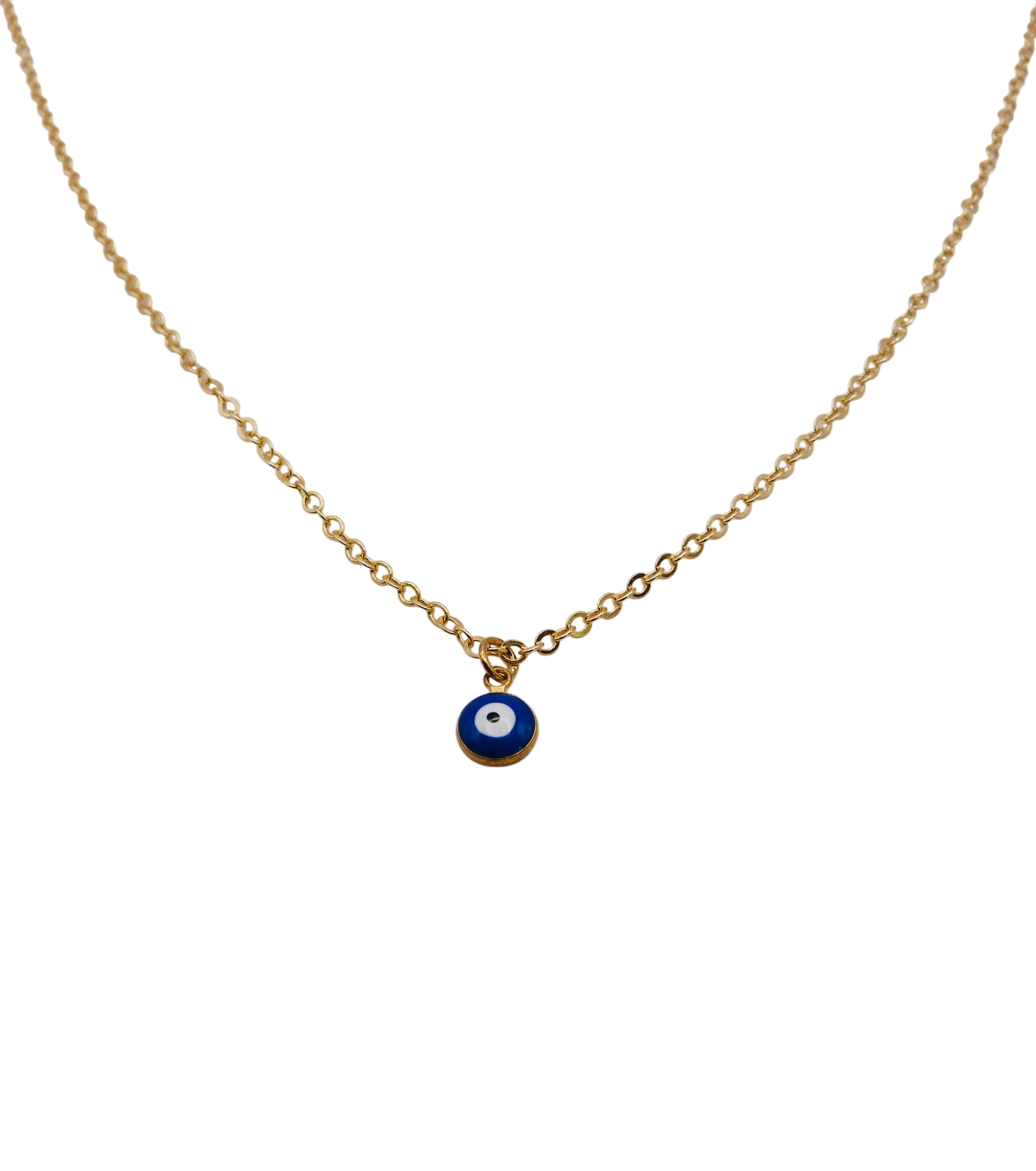 Waterproof G
gold necklace with a blue evil eye charm in stainless steel.