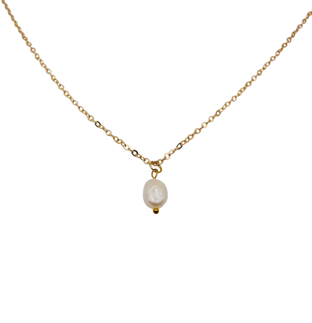 Waterproof gold chain necklace with a single freshwater pearl charm.