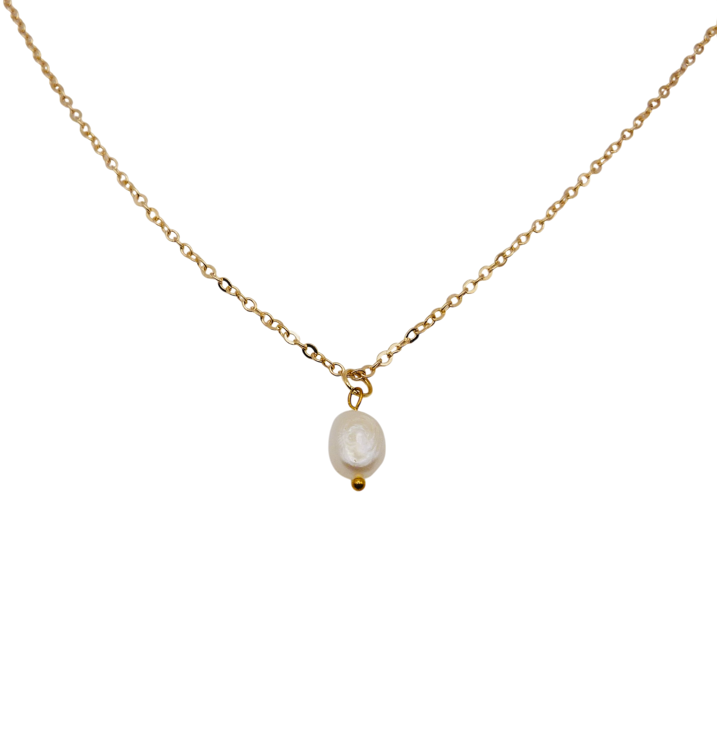 Waterproof gold chain necklace with a single freshwater pearl charm.