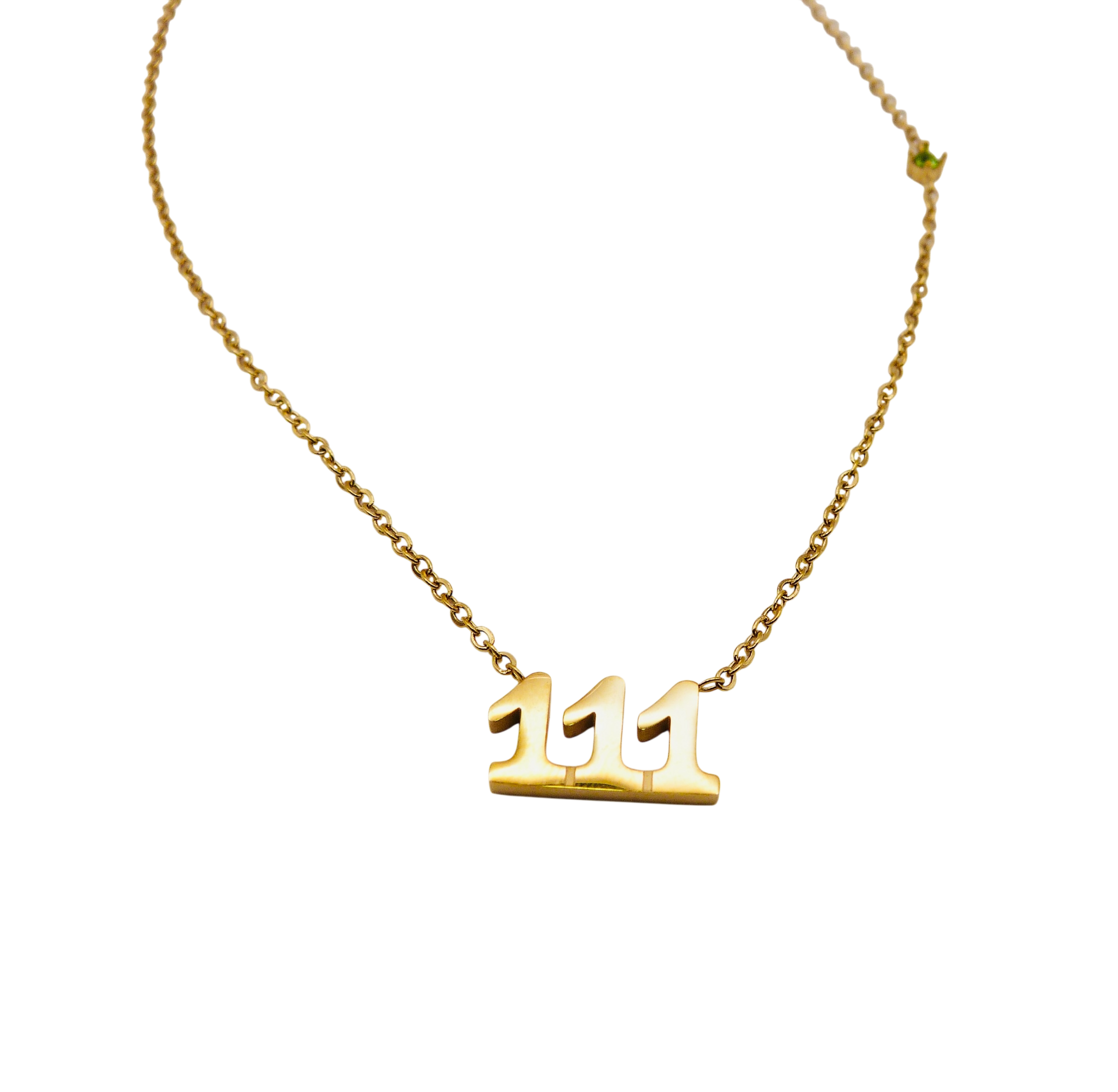 Waterproof gold chain necklace with the number '111' and a small green stone.