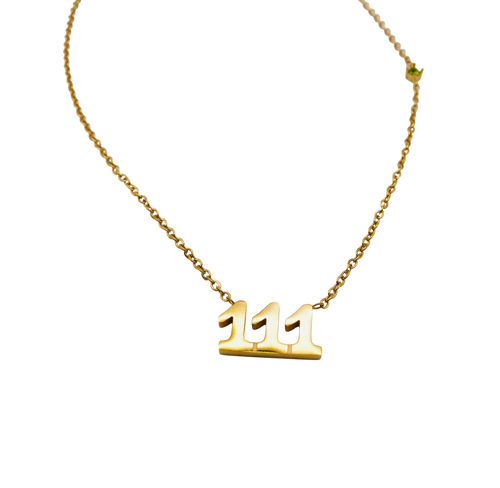 Waterproof gold chain necklace with the number '111' and a small green stone.