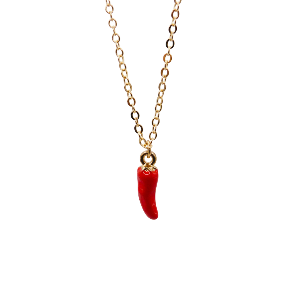 Waterproof gold necklace with a red chili pepper pendant in stainless steel.