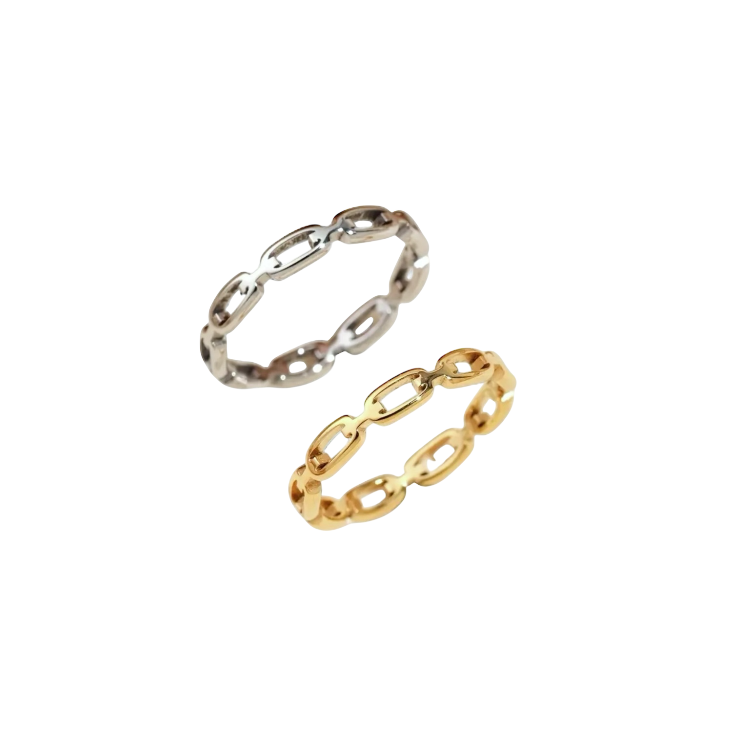 Two chain-link rings, one gold and one silver, in stainless steel.