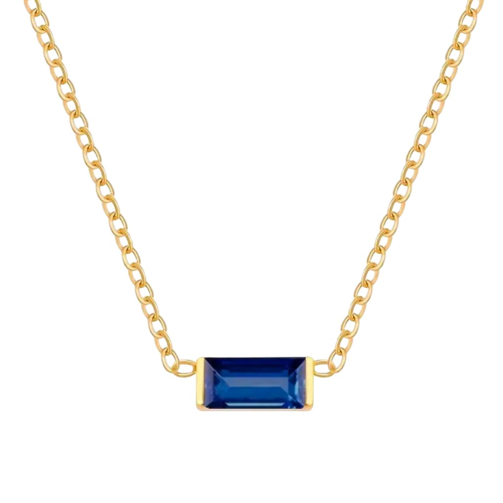 Waterproof chain gold necklace with a blue glass stone pendant.