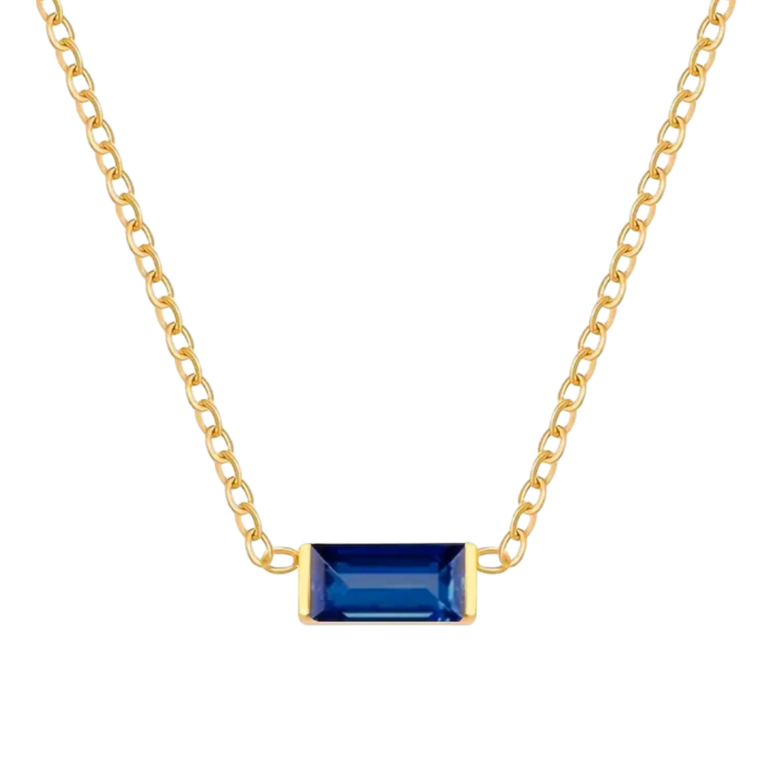Waterproof chain gold necklace with a blue glass stone pendant.