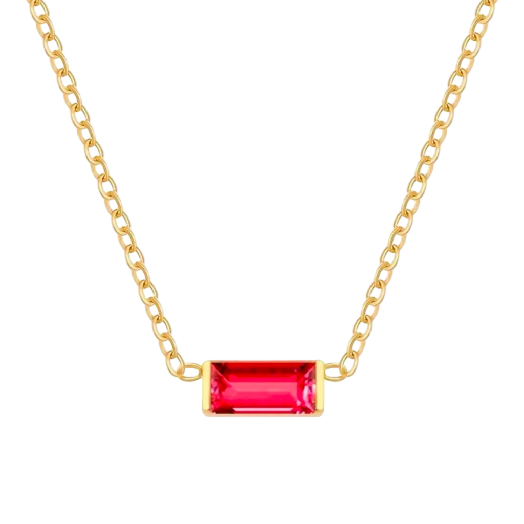 Waterproof chain gold necklace with a red glass stone pendant.