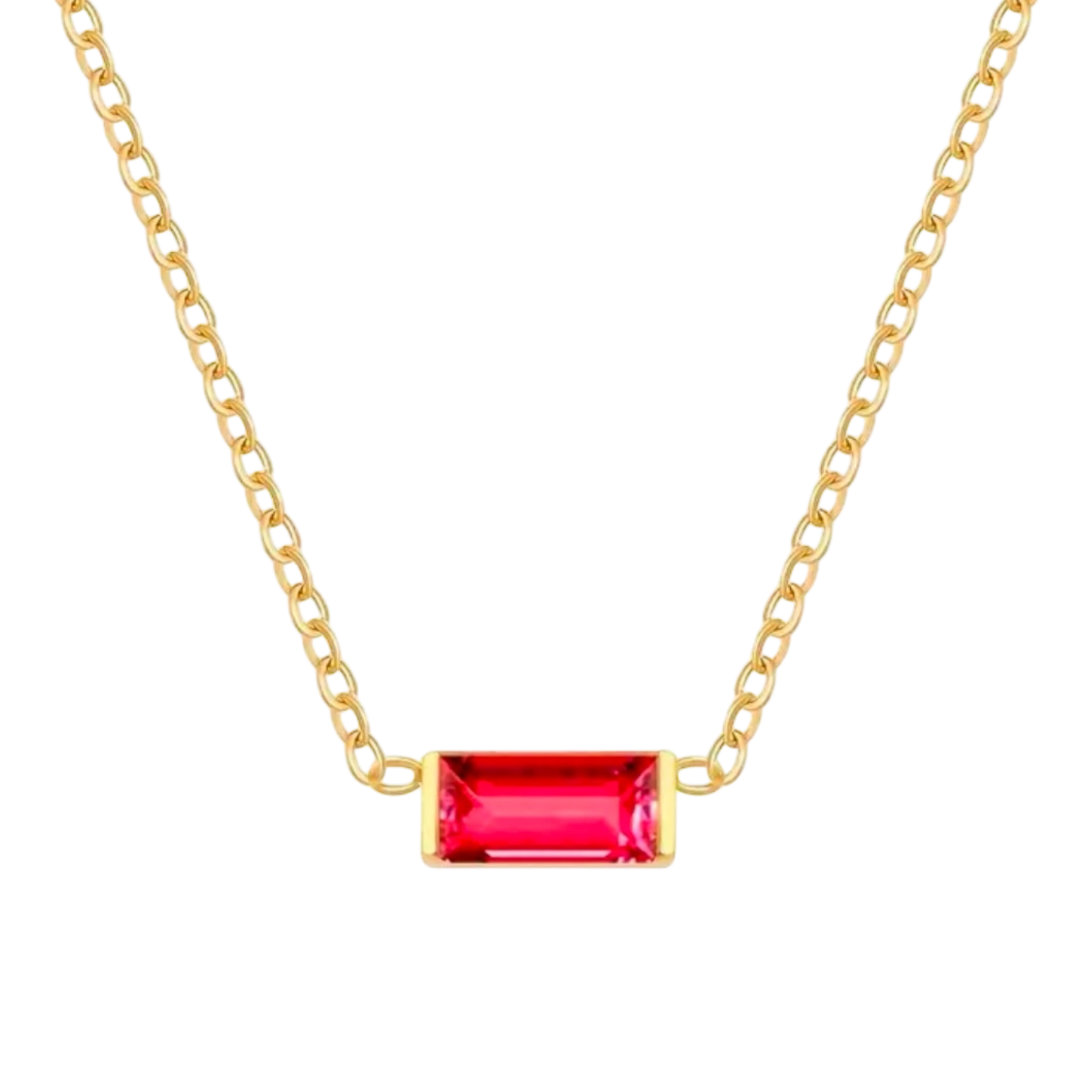 Waterproof chain gold necklace with a red glass stone pendant.
