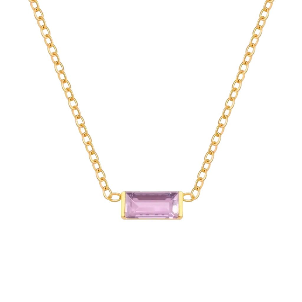 Waterproof chain gold necklace with a purple glass stone pendant.