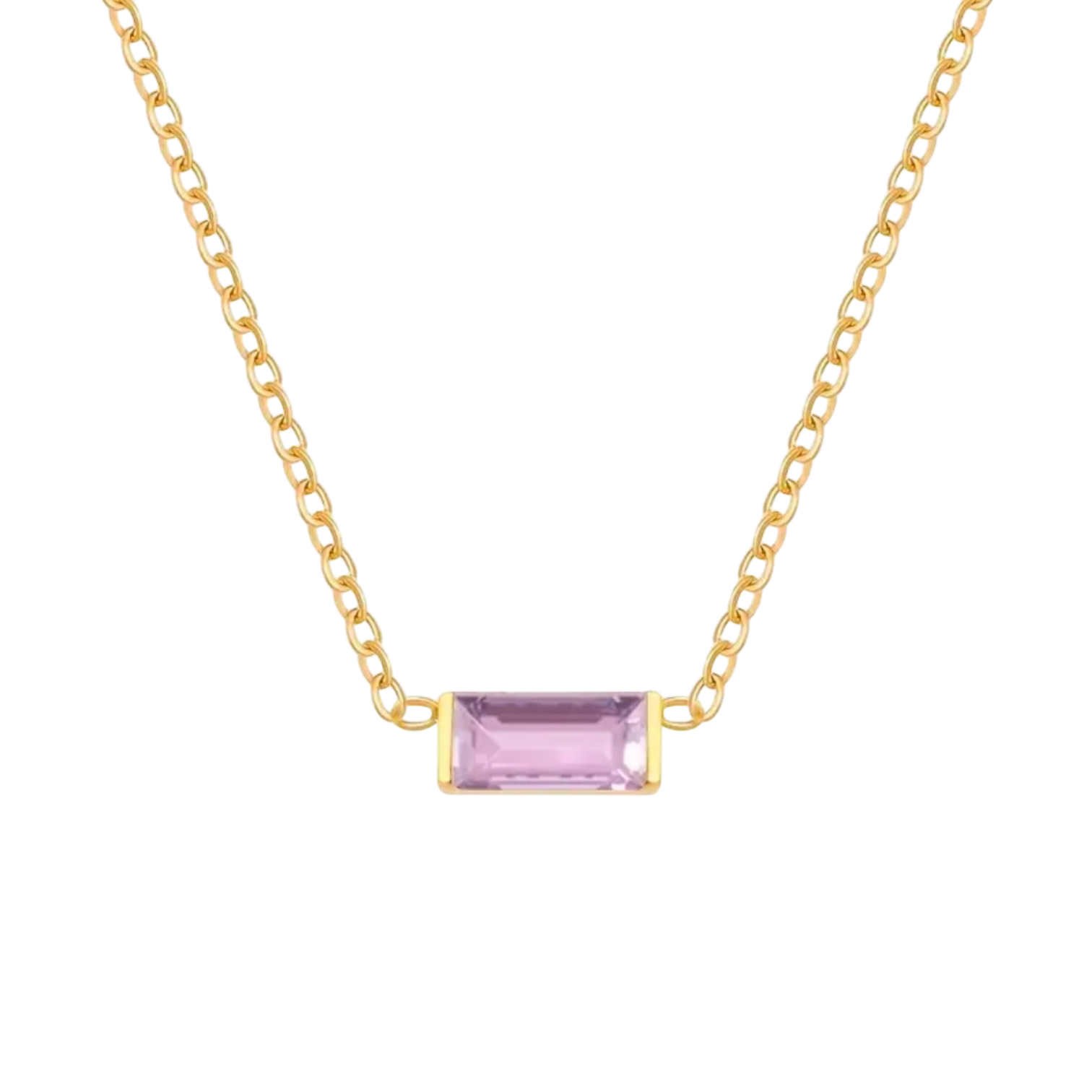 Waterproof chain gold necklace with a purple glass stone pendant.