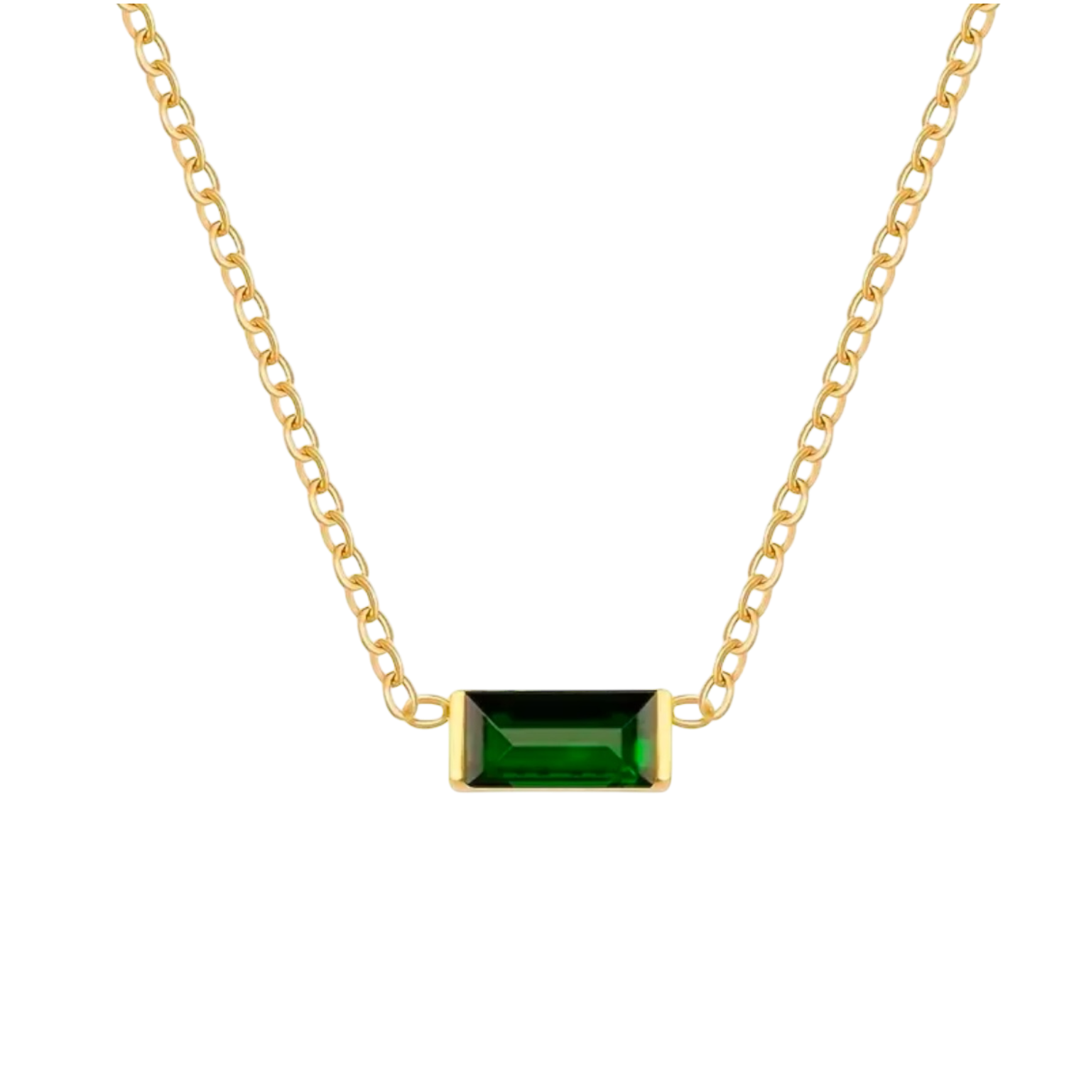 Waterproof chain gold necklace with a green glass stone pendant.