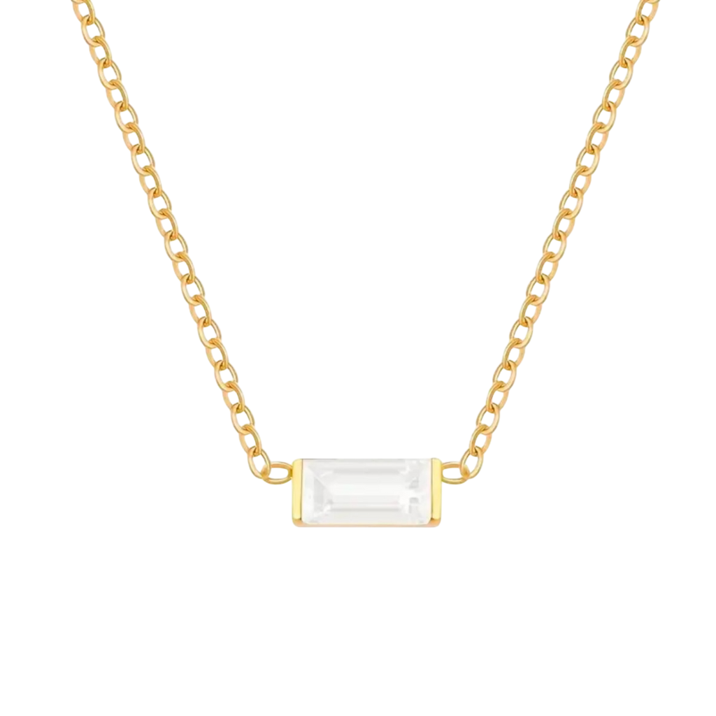 Waterproof chain gold necklace with a clear glass stone pendant.