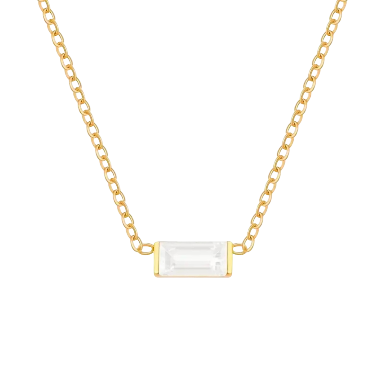 Waterproof chain gold necklace with a clear glass stone pendant.
