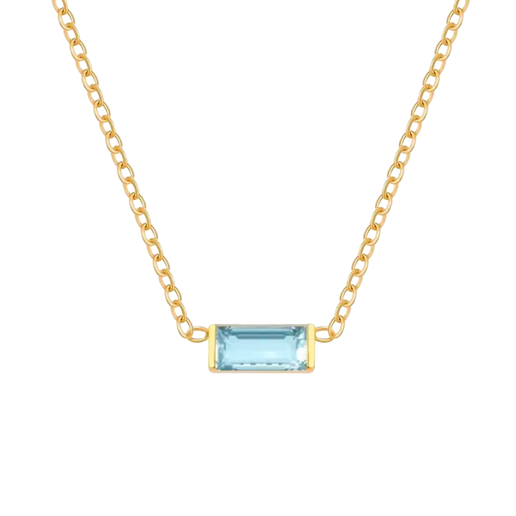 Waterproof chain gold necklace with a light blue glass stone pendant.