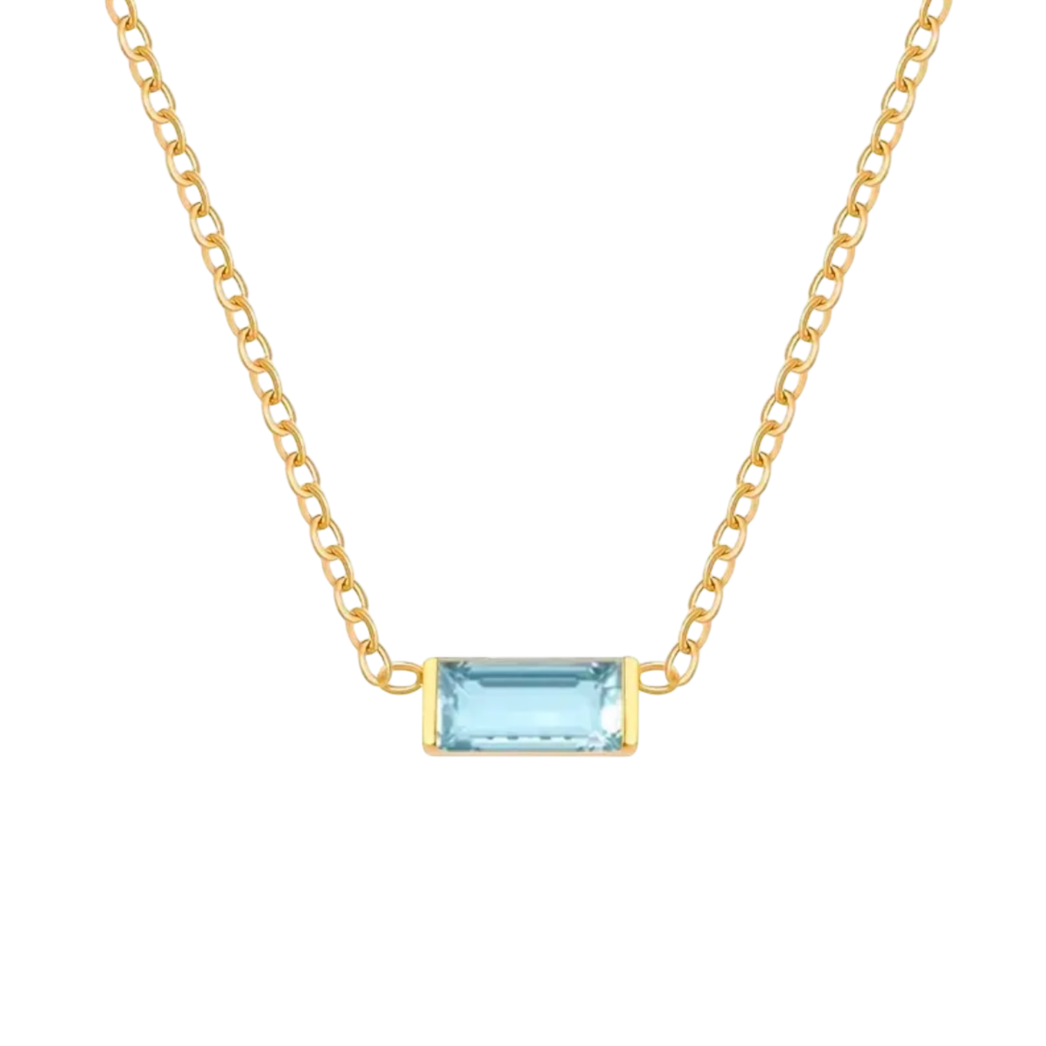 Waterproof chain gold necklace with a light blue glass stone pendant.