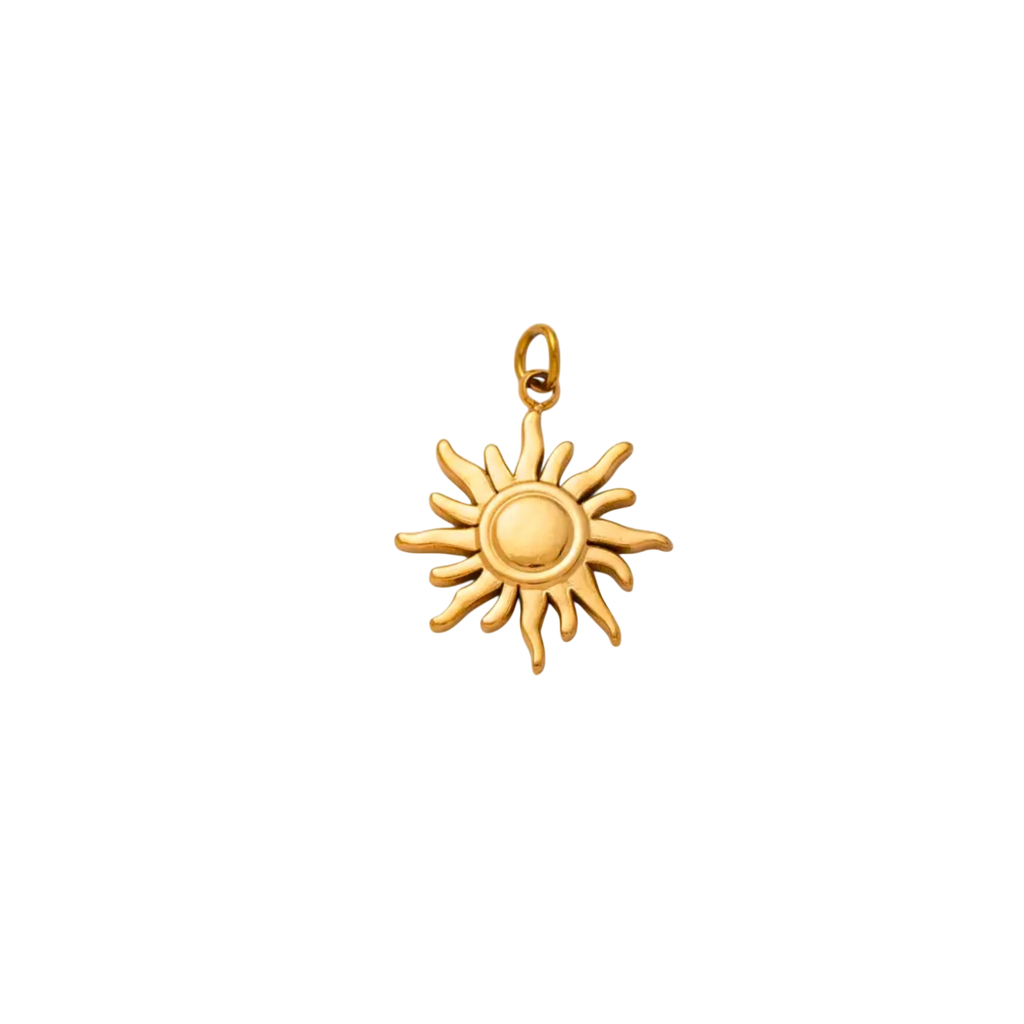 Waterproof gold sun-shaped charm customisable on chains or hoops.
