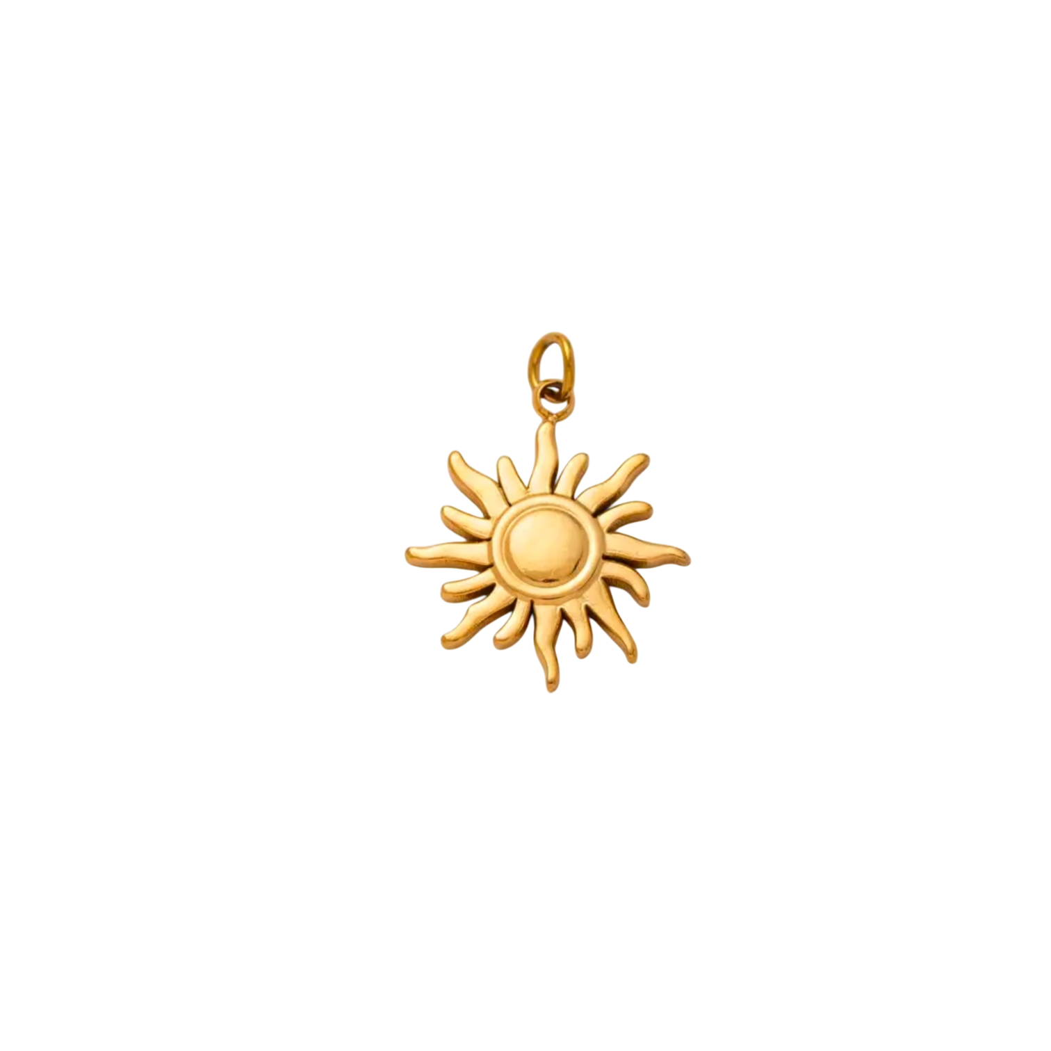 Waterproof gold sun-shaped charm customisable on chains or hoops.